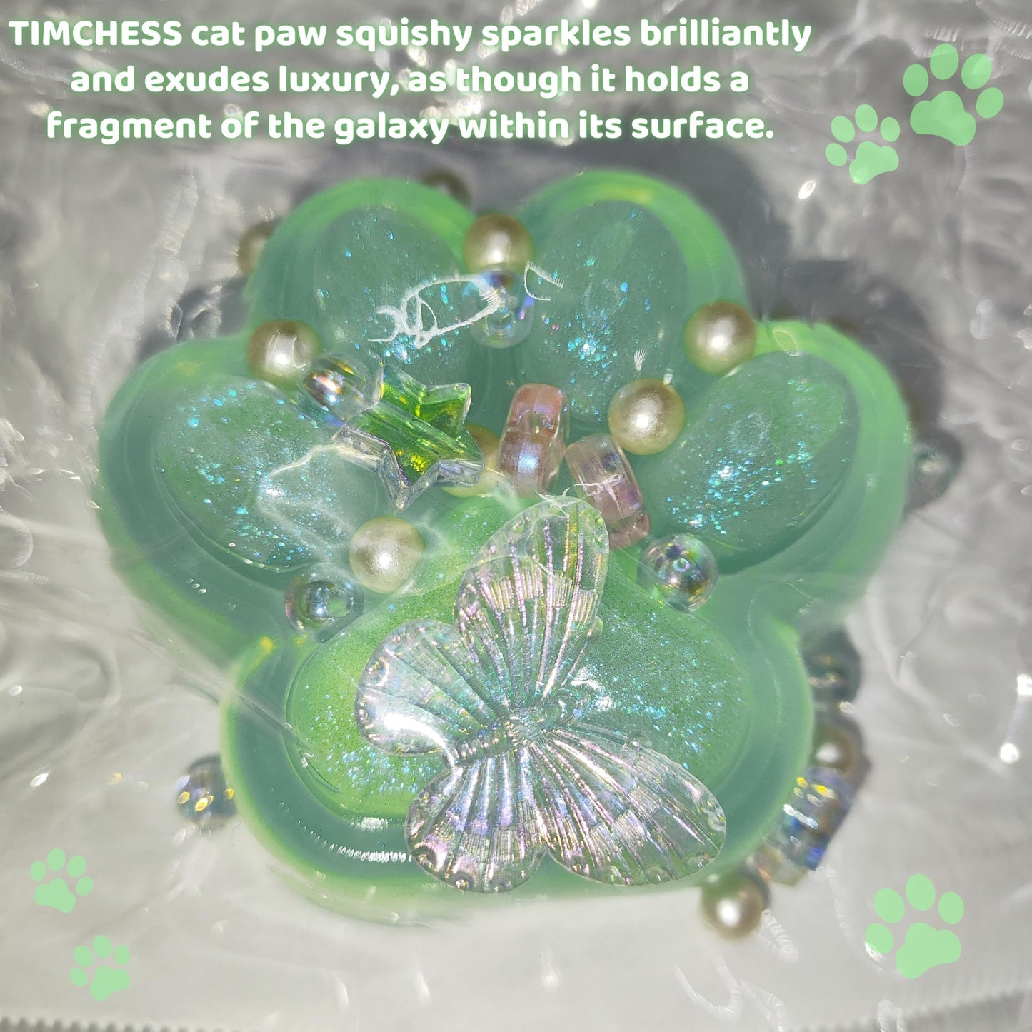 2.76 Inch Squeeze Toys Cat Paw Handmade Squeeze, Green Glitter Transparent Squeeze Paw, Cute Soft Squeeze For Stress Relief, Fid
