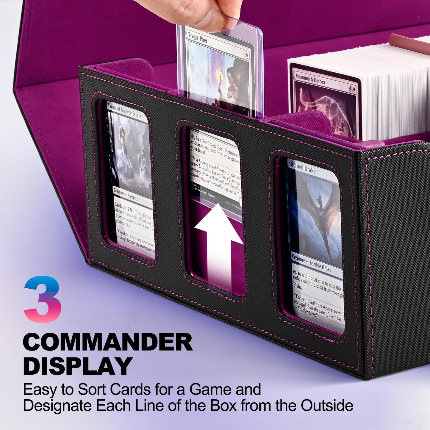 Uaono Card Storage Box For Trading Cards, 1800+ Commander Deck Box For Mtg With Display Window, Toploader Card Case Fits Magic Tcg Ptcg Sports Cards; 10 Removable Divider, 3 Stoppers (Black, Purple)