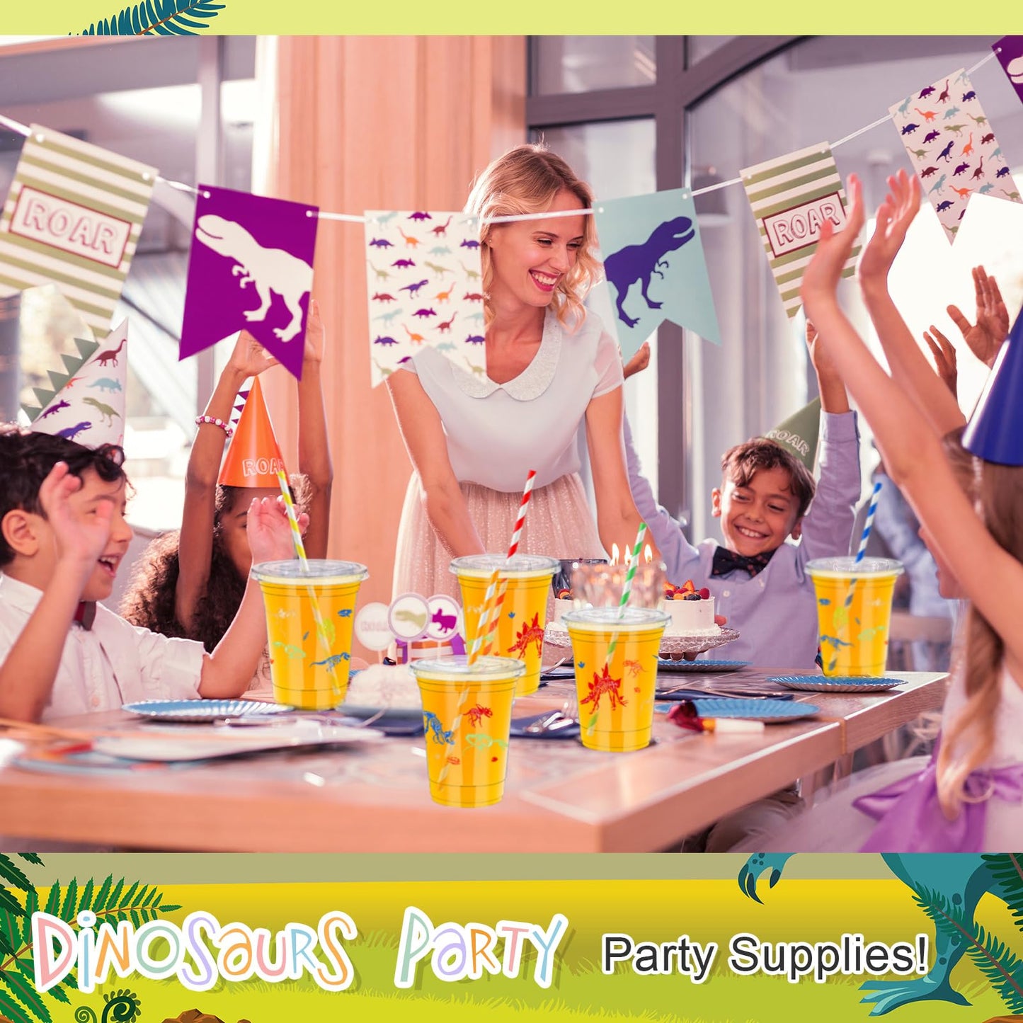 Foldtier 50 Pcs Dinosaur Cups For Kids 12 Oz Disposable Plastic Cups With Straws And Lids Dinosaur Clear Cup Birthday Party Cups