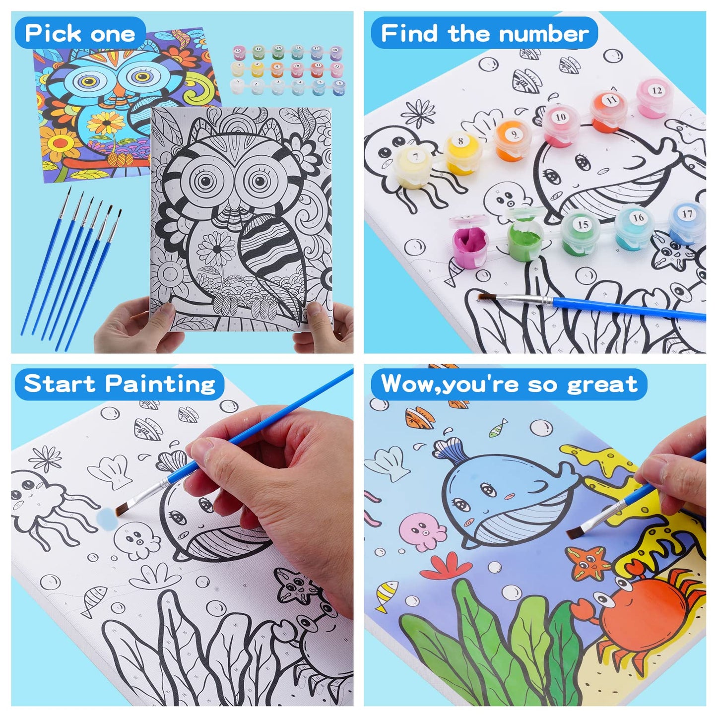 3 Pack Paint By Numbers For Kids Ages 8-12, 10*8''Color By Number For Kids Framed Canvas With 18 Acrylic Paint Pots And 6 Brushe