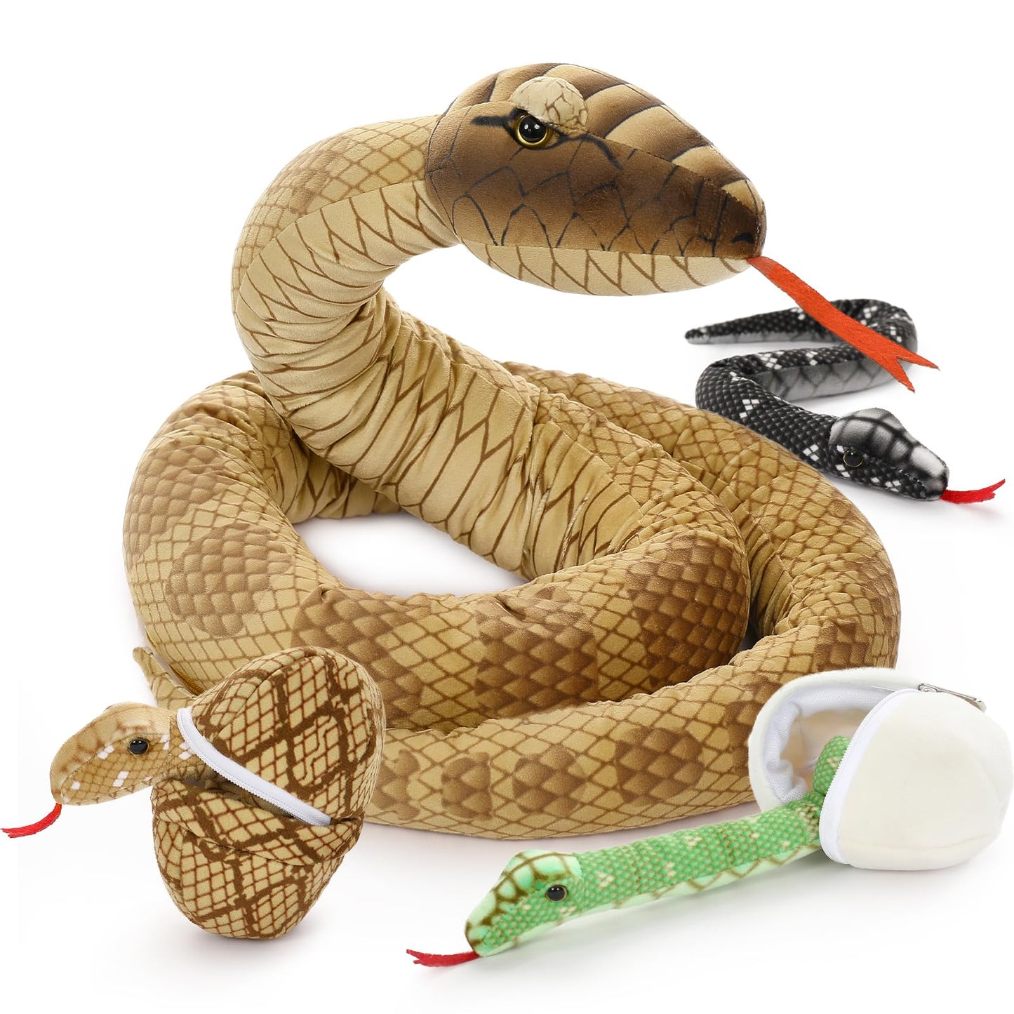 Morismos Giant Snake Stuffed Animal Mommy With Babies, Realistic Stuffed Snakes Plush Toy, 80' Long Brown Boa Constrictor For Kids, Girls, Boys, Halloween, 3 Snake Babies, 3 Snake Eggs