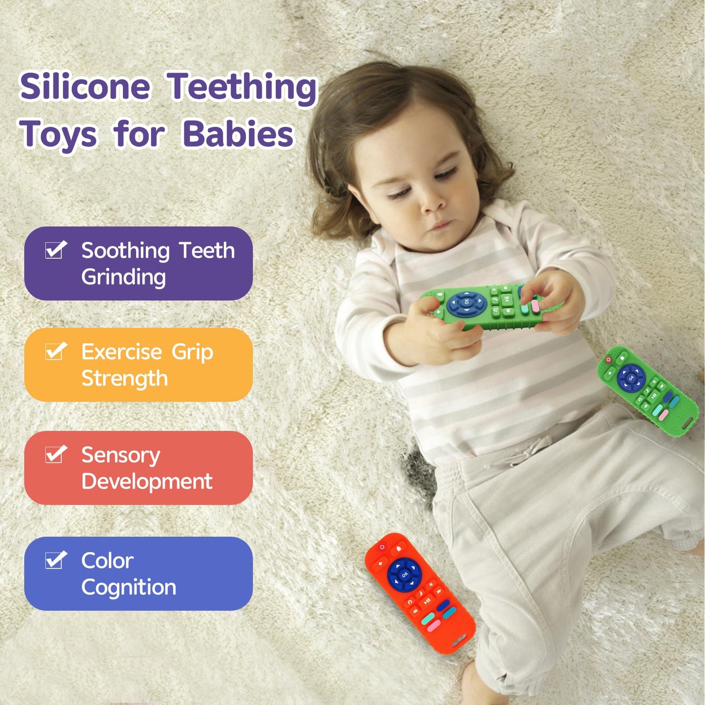 Hooku 2 Pack Silicone Teethers For Babies 0-6 Months, Teething Toys For Babies 6-12 Months, Baby Remote Control Toy, Infant Toys