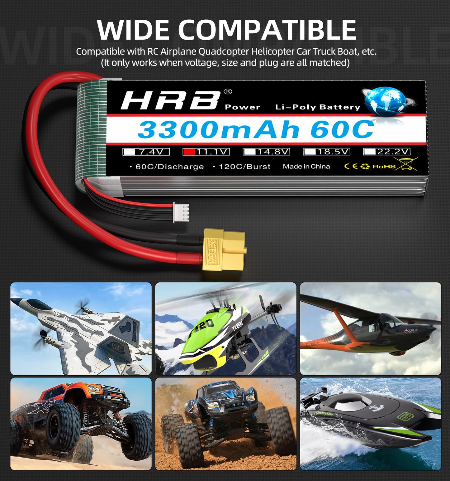 HRB 2PCS 3S Lipo Battery 11.1V 3300mAh 60C XT60 for RC Car, Truck, Quadcopter, Airplane, Helicopter