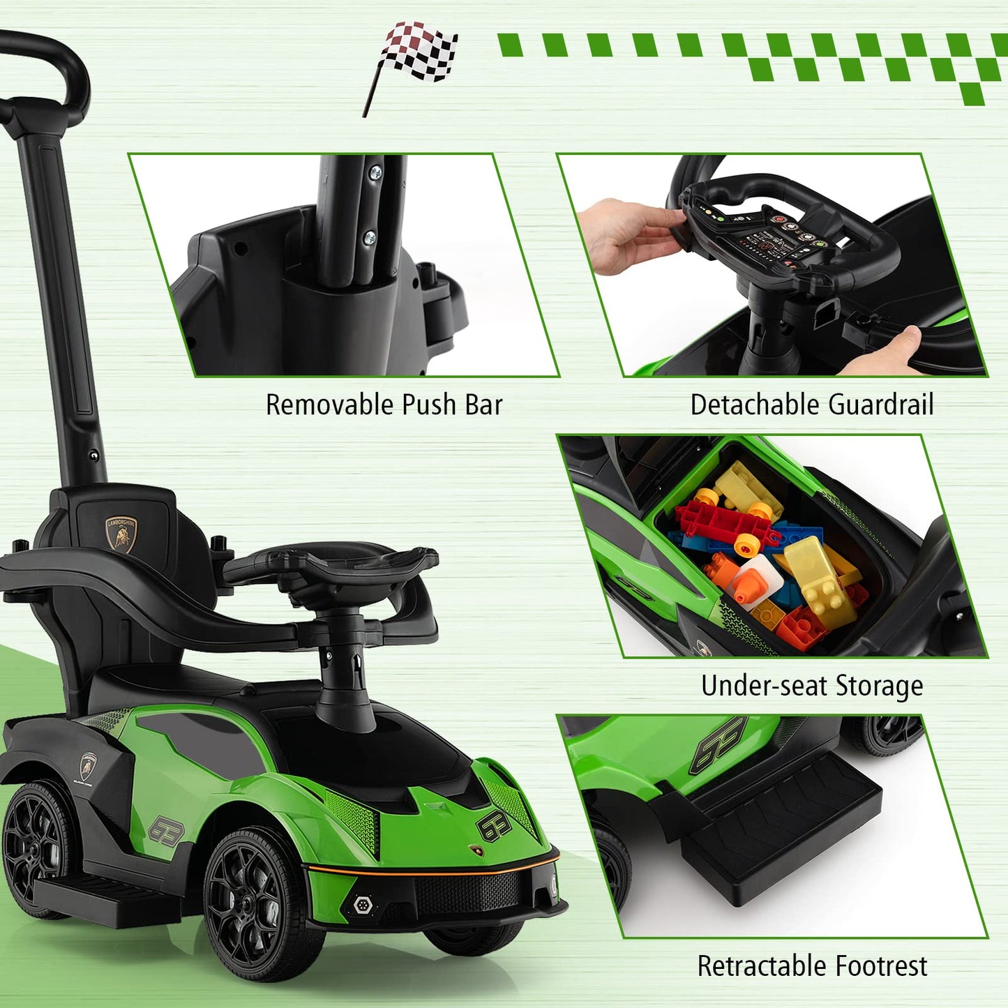 Costzon 3-in-1 Lamborghini Push Car for Toddlers, Green, 34"x15.5"x35.5", Polypropylene, Model GO-FWAM-04802, with