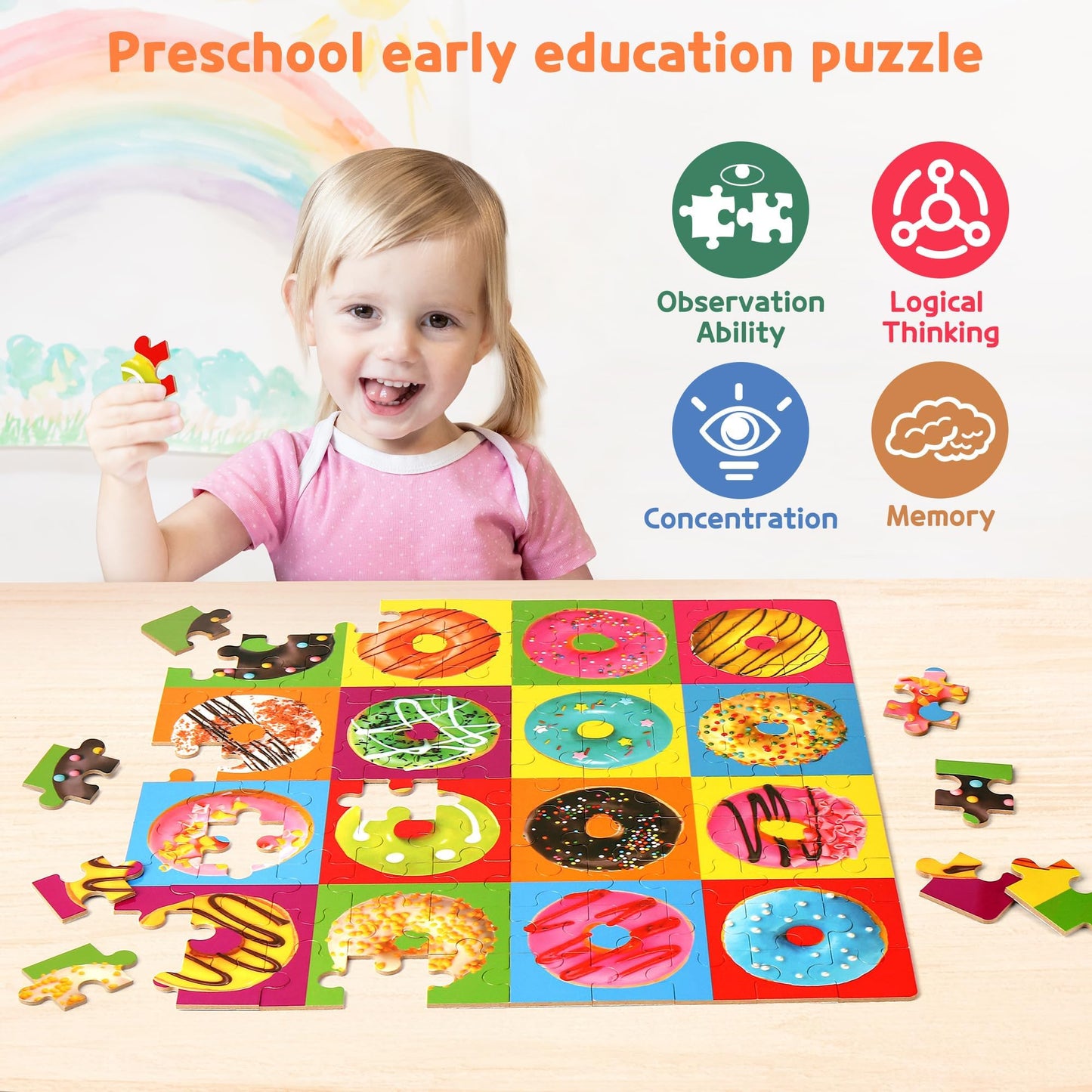 SYNARRY 100 Piece Wooden Puzzles for Kids Ages 4-8 Donuts Jigsaw Puzzle for Kids Ages 4-6 8-10 Teens Preschool Educational Puzzles for 4 5 6 7 8 9 Years Old Boys Girls Children Beautiful Toys Gifts