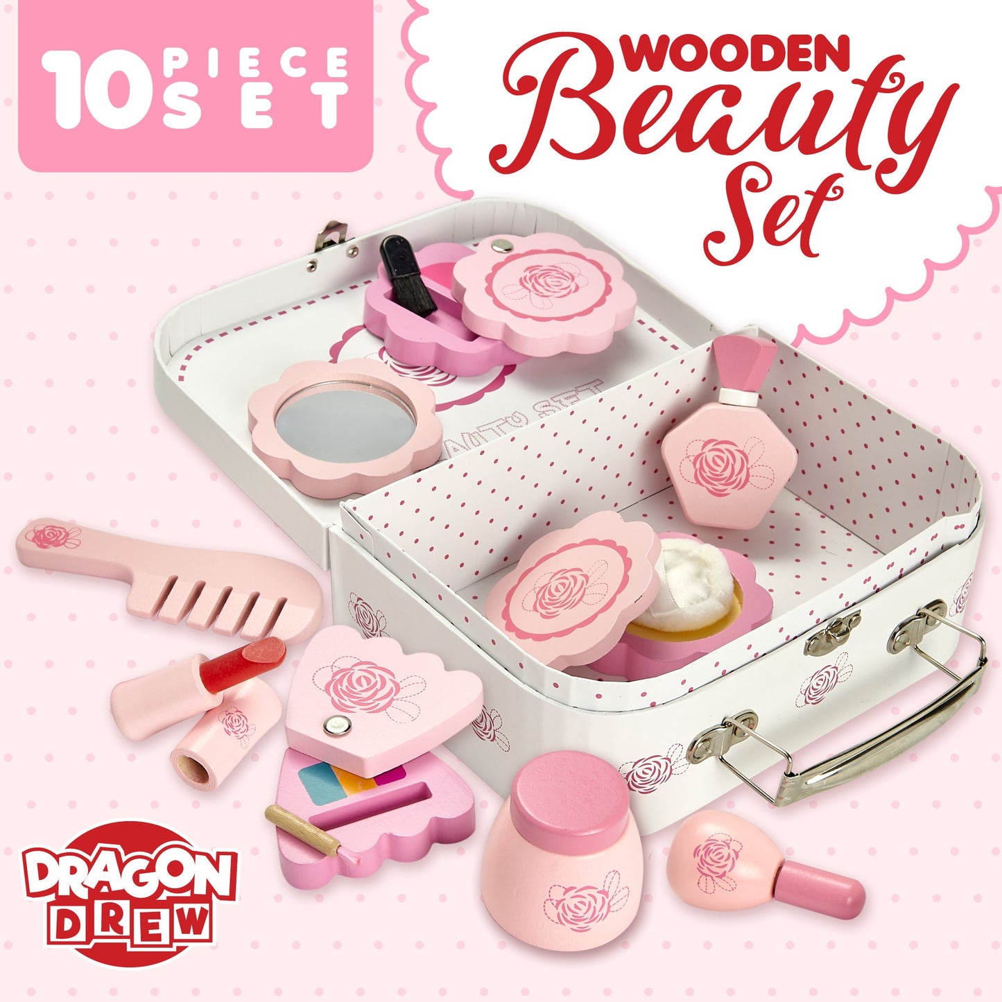 Dragon Drew Wooden Toy Beauty Set - 10 Piece Kit - Girls Salon Set with Makeup, Brush, Mirror and Cosmetics Case - 100% Natural