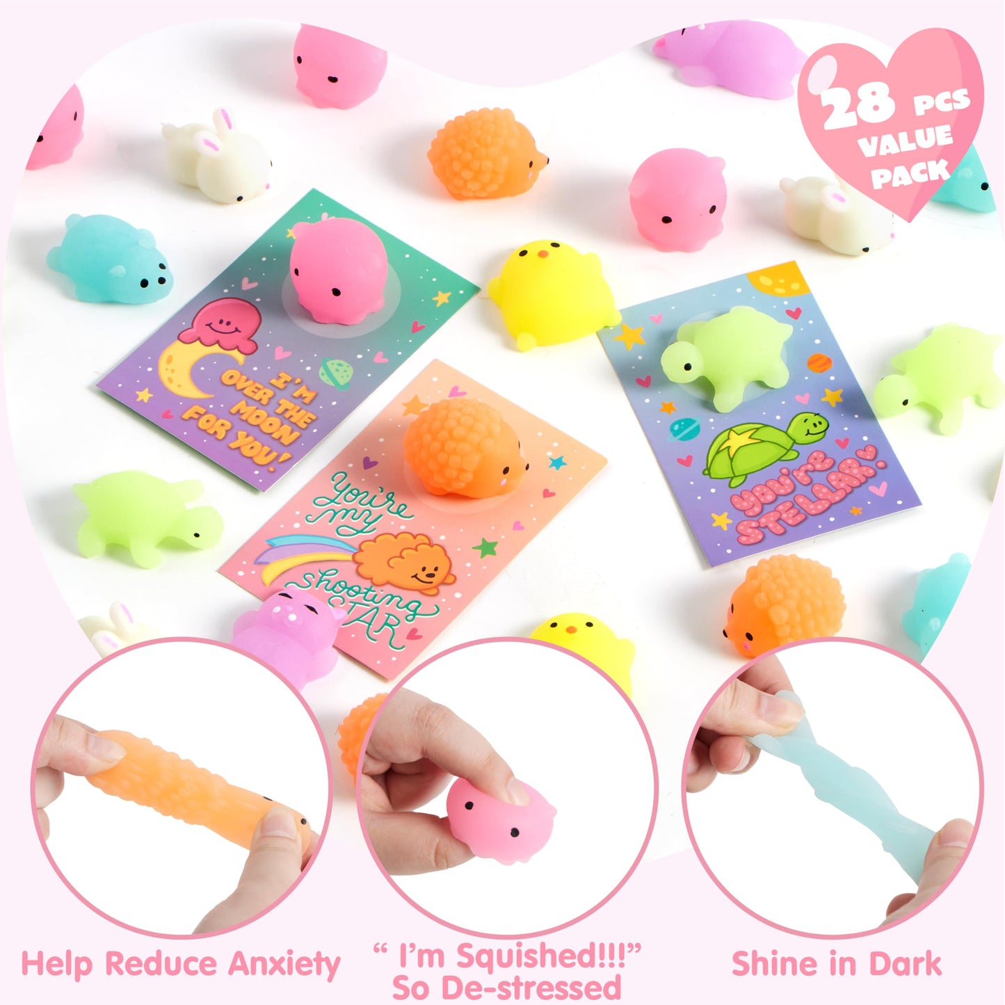 Joyin 28 Pack Gift Cards With Cute Kawaii Mochi Squishy Toy To Squeeze Glow In The Dark Stress Relief Fidget Toy For Kids, Classroom Exchange Prizes Valentine Party Favor