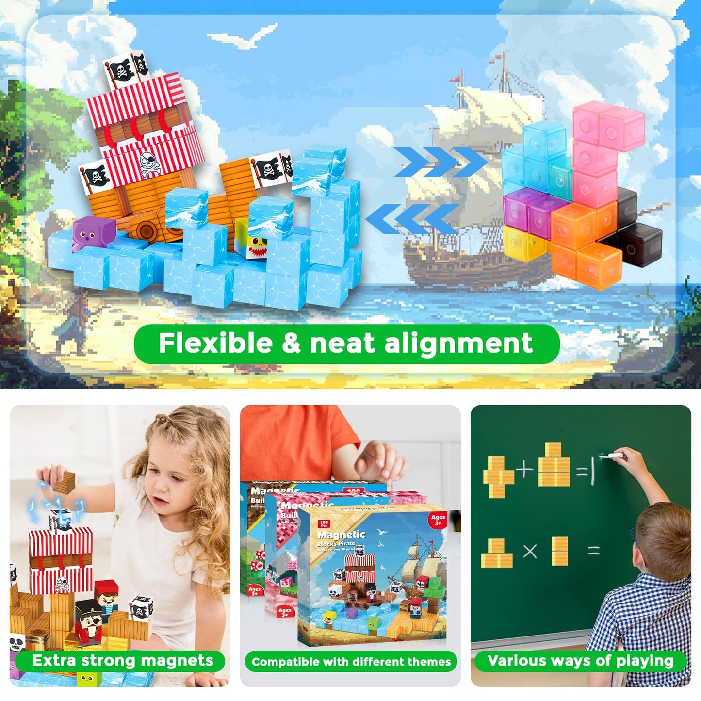 Toyunited Magnetic Blocks - 100Pcs Magnetic Building Blocks Magnetic Cube Stacking, Build Pirate-Ship Set, Stem Montessori Senso