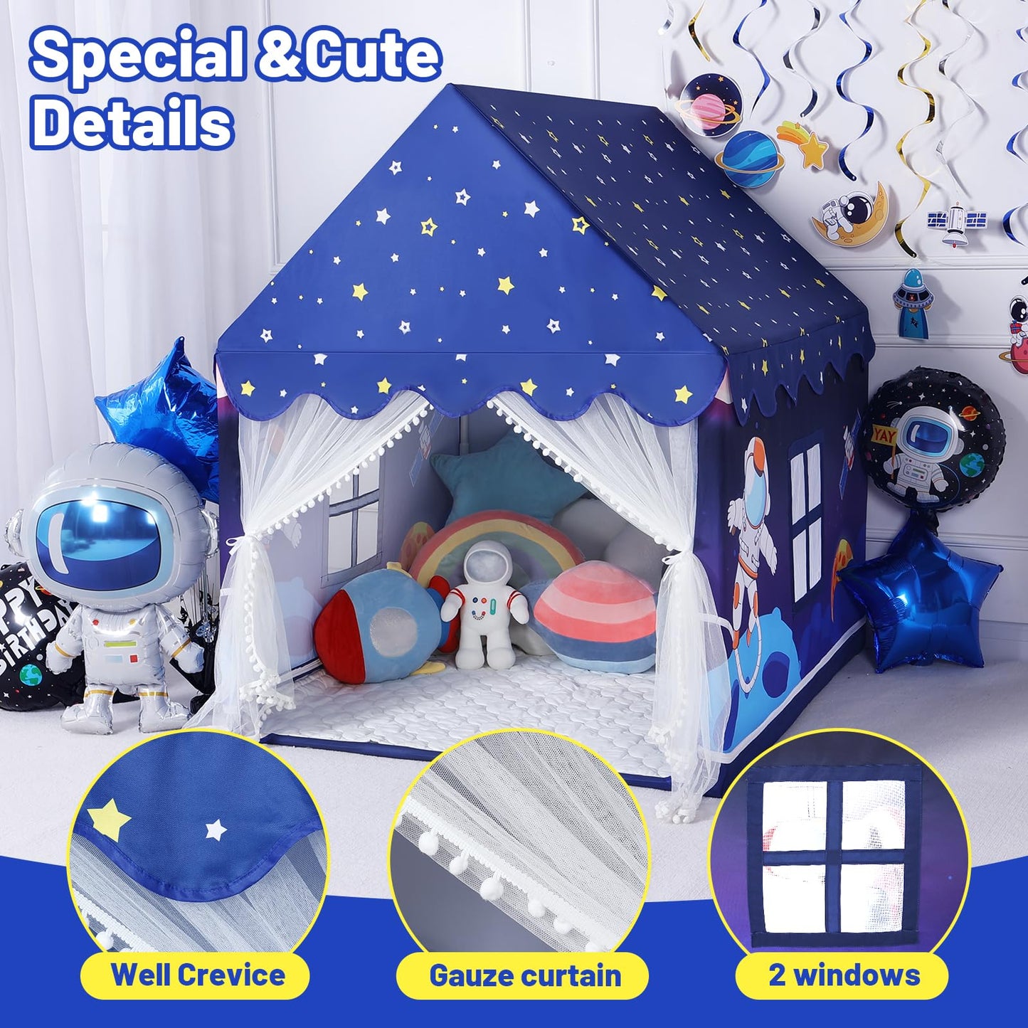 Wilwolfer Space Kids Tent Indoor: With Mat, Star Lights - Kids Play Tent Space Themed Bedroom Decorations Astronaut Toys Rocket