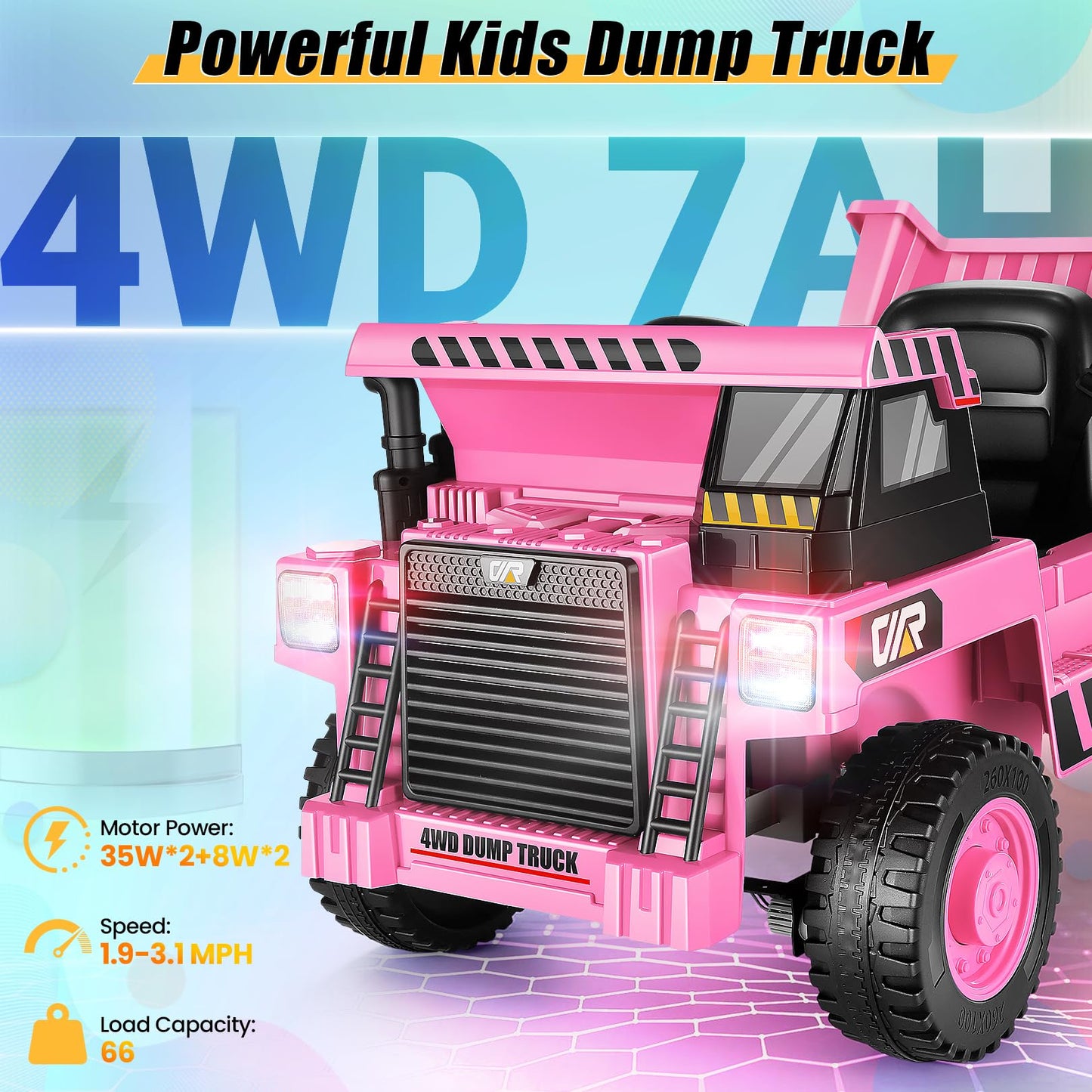 Hikole 12V 4Wd Ride On Dump Truck With Electric Dump Bed, Kids Ride On Cars With Remote Control, Shovel, Led Lights, Music Playe