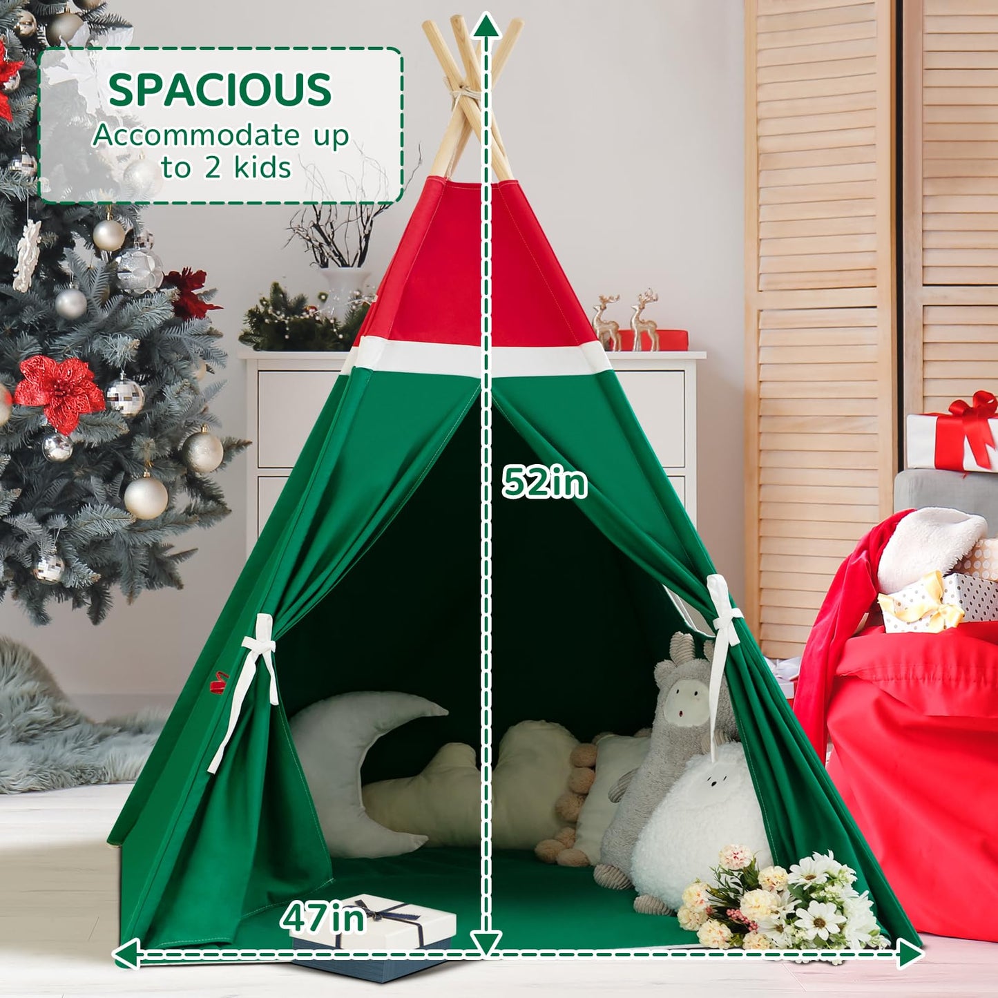 Wirhao Christmas Tent For Kids With Padded Mat Cotton Canvas Teepee Tent Indoor For Toddlers Kids Play Tent For Girls Boys With