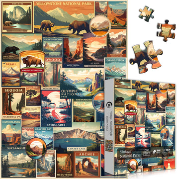 Vintage National Parks Puzzle For Adults 1000 Pieces, Travel Poster Landscape Puzzle Including Yellowstone Zion Acadia Yosemite, Nature Jigsaw Puzzles Scenery Mountain Scene