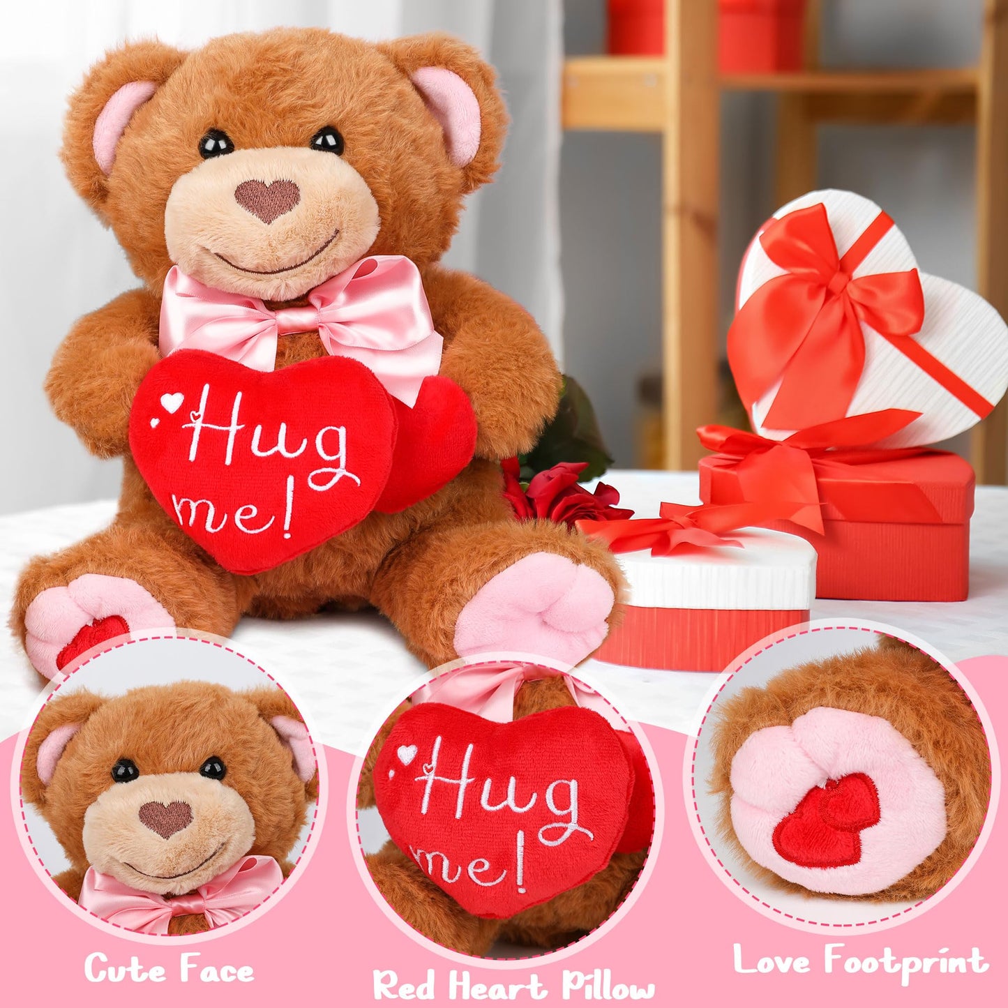 Bear Plush With Red Heart, 10 Valentines Day Bear Stuffed Animal, Cute Bear Plush Toy With Bow Sweet For Girlfriend Boyfriend