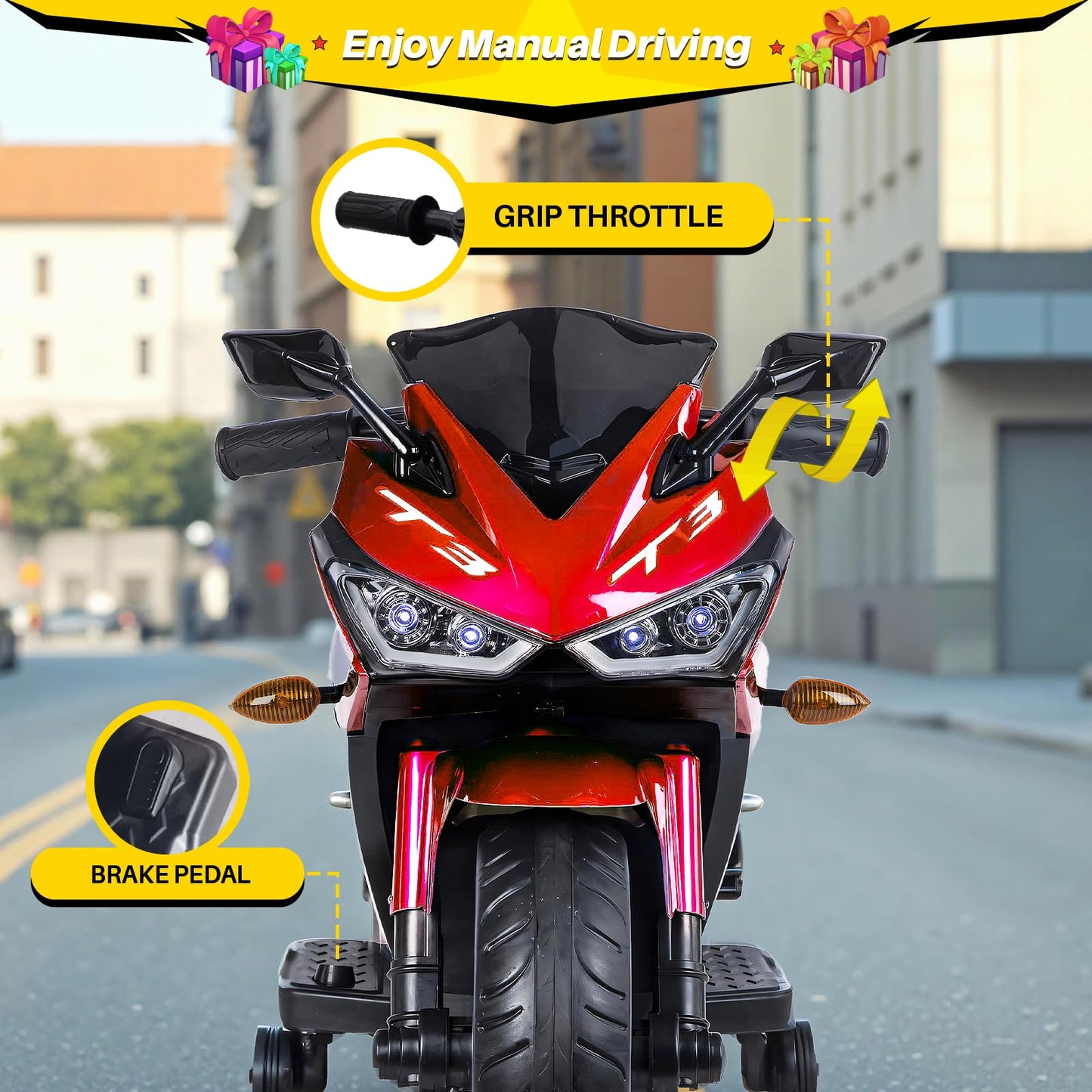 Blitzshark 12V Electric Motorcycle Kids Motorcycle with Training Wheel 7AH Battery Ride On Motorbike for Kids 3.2 MPH Max Speed Twist Grip Throttle Brake Pedal Soft Tires Extra Long Seat Red