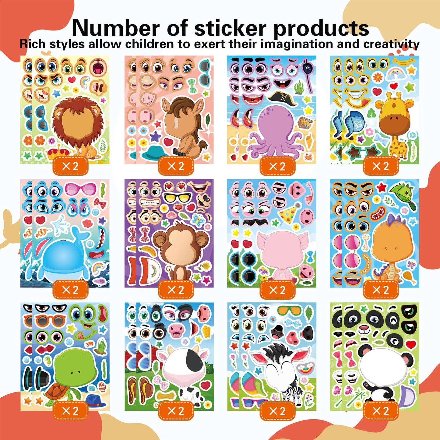 24 Pcs Make A Face Stickers For Kids - Make Your Own Stickers Animal Mix And Match Sticker Sheets With Safaris, Sea And Farm Ani