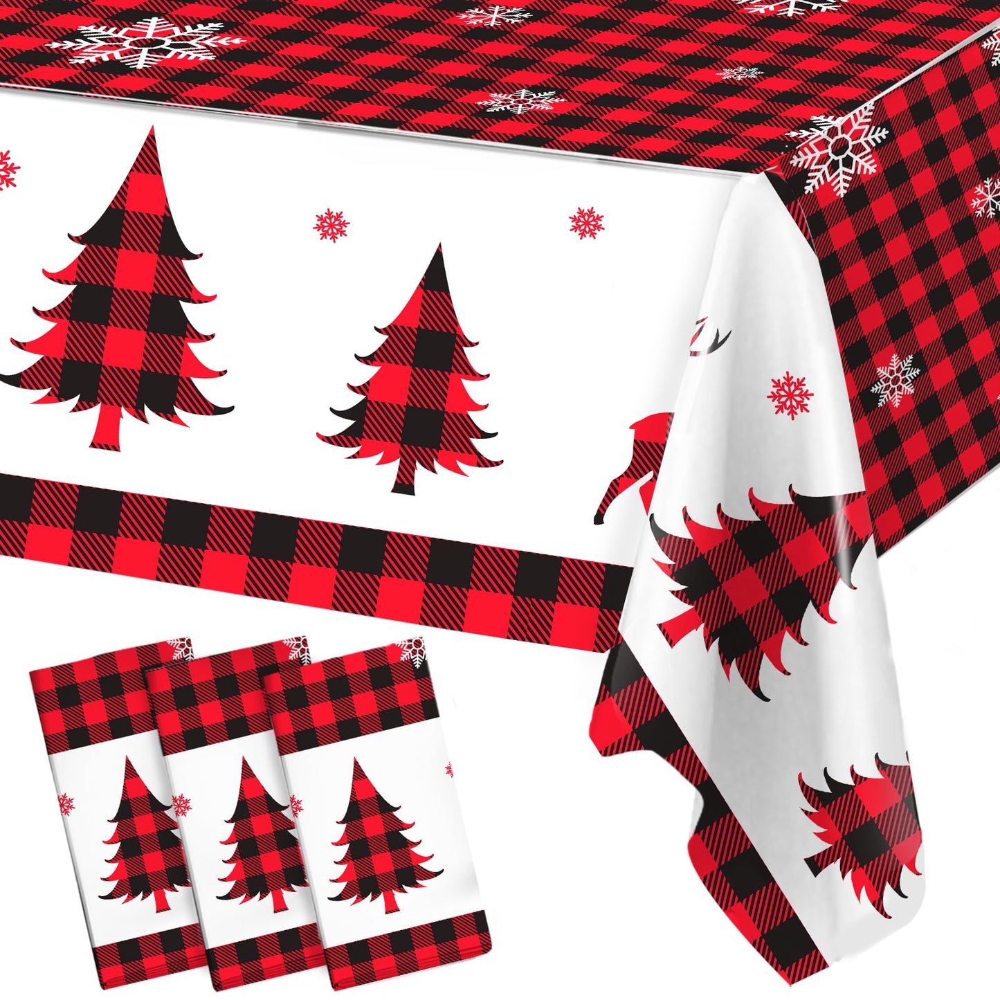 3PCS Christmas Tablecloth, Red and Black Buffalo Plaid Rectangular Plastic Christmas Tablecloth, Winter Snowflake and Reindeer D
