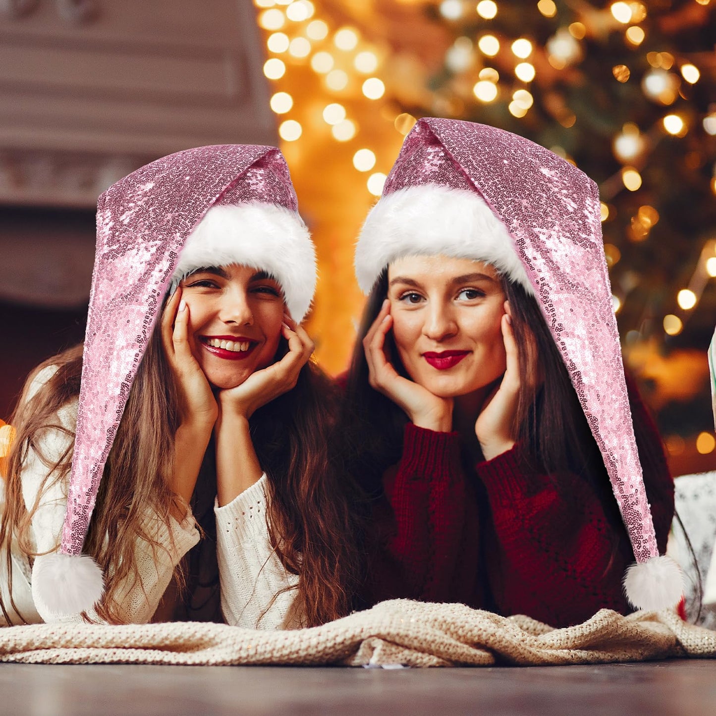 Geyoga 4 Pieces Christmas Santa Hats Xmas Shiny Sequin Santa Hats for Adults Long Christmas Cap Women Men Party Supplies(Pink)