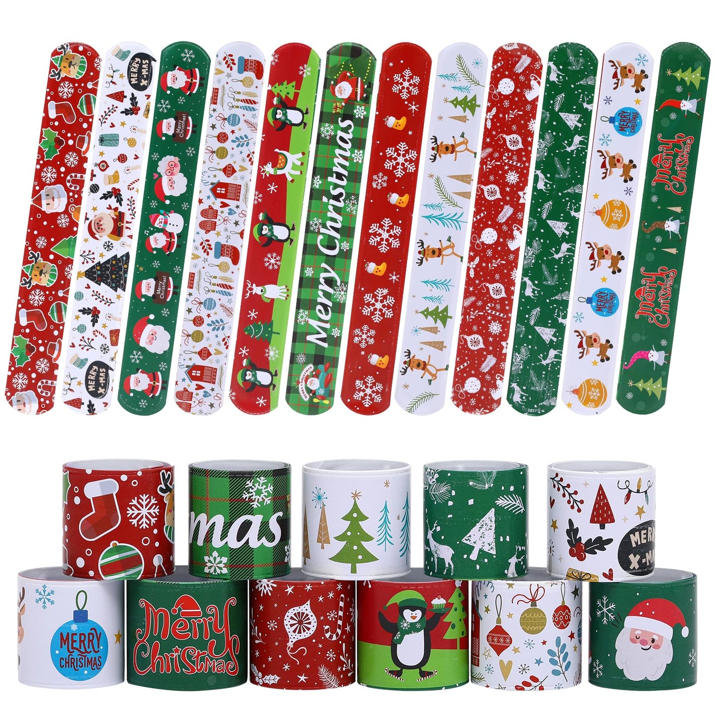 TAOVEN 48PCS Christmas Slap Bracelets, Xmas Slap for Christmas Party Favor Decoration (green,white,red)