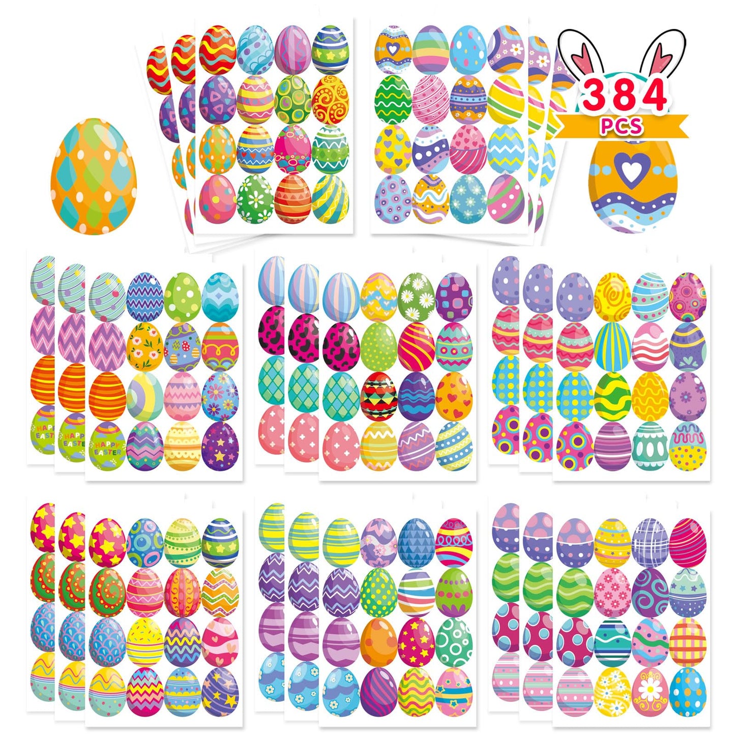 Dujaa 384 Pcs Easter Stickers, Easter Egg Stickers For Kids - Easter Treats For Kids Envelop Seals Easter Basket Stuffers Easter