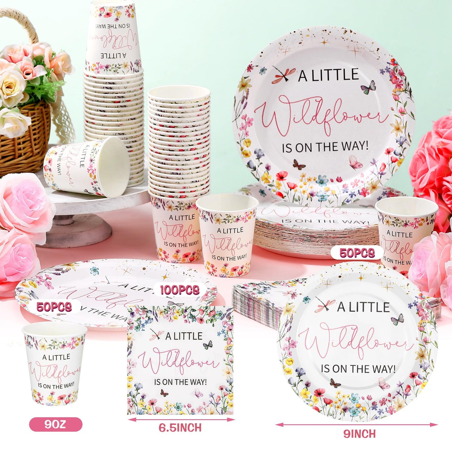 Hushee 200 Pcs Wildflower Baby Shower Paper Plates Napkins Cups Baby Shower Party Supplies Tableware Set A Little Wildflower Is