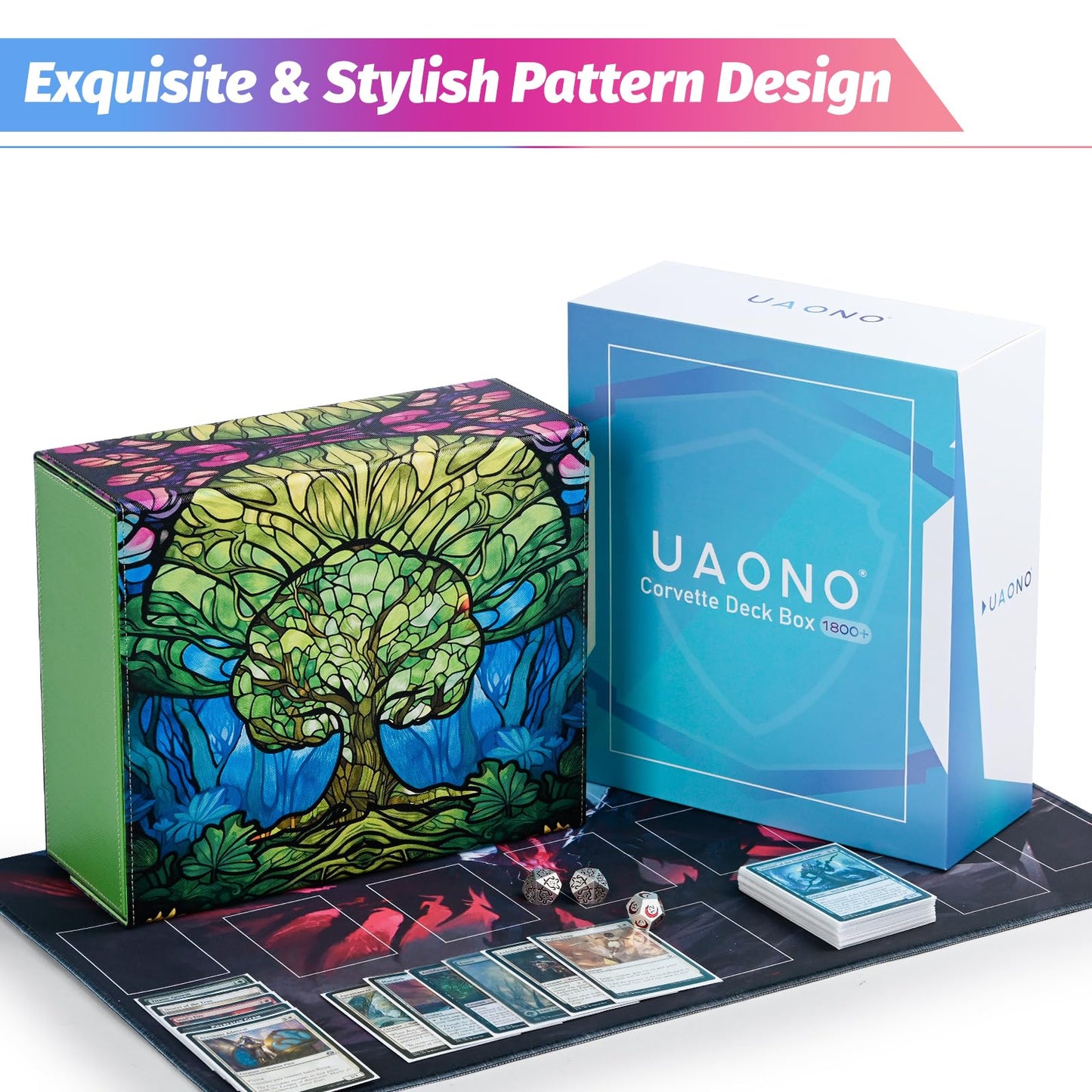 Uaono Card Storage Box For Mtg, Trading Card Deck Box Holds 1800+ With 6 Dividers, Leather Printing Magnetic Closure Card Storage Case Fits Tcg Ccg Sports Cards (Green, Tree)