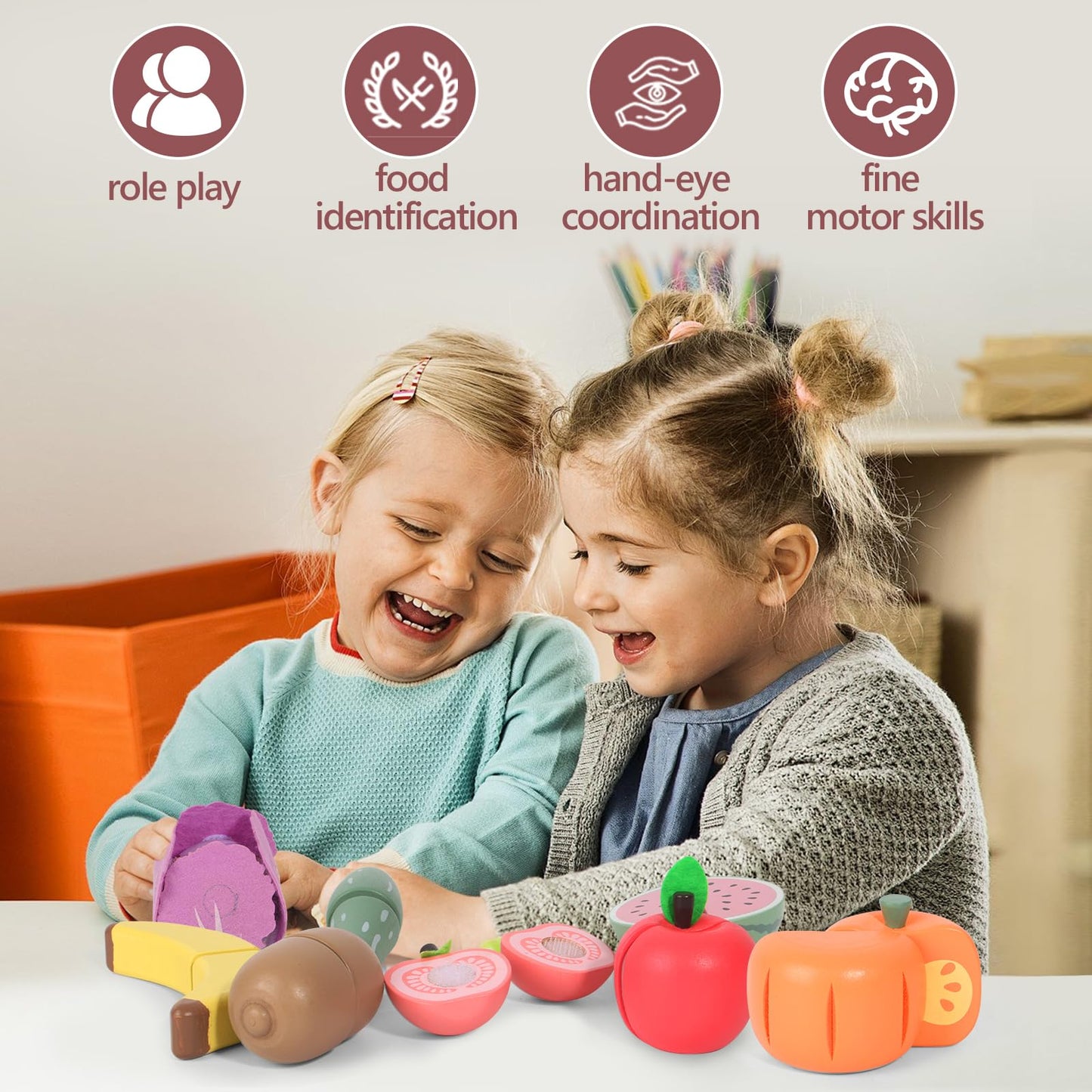 WHOHOLL Play Food Set for Play Kitchen Accessories, Wooden Toys Food Pretend Cutting Food with Apron, Montessori Toys for 1+ Yea