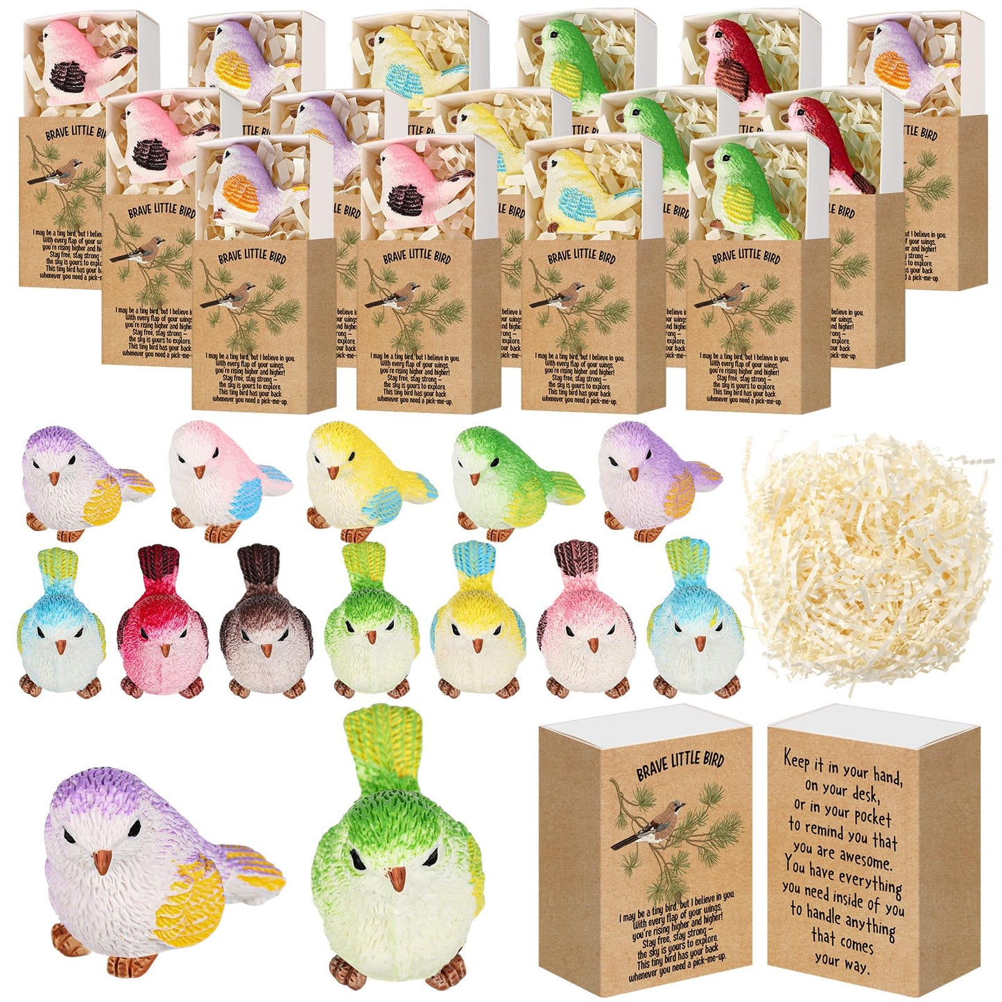 Yookeer 24 Sets Pocket Hugs Gift Bulk Emotional Resin Bird Positive Resin Animal Bird with Cheer Card Box Inspirational Office G