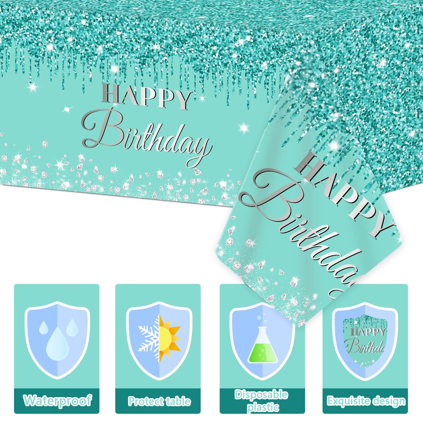 3 Pieces Teal And Silver Birthday Tablecloths For Happy Birthday Party Decorations Plastic Disposable Breakfast Blue Theme Table Covers For Girls Women Silver Glitterparty Supplies, 54 X 108 Inches