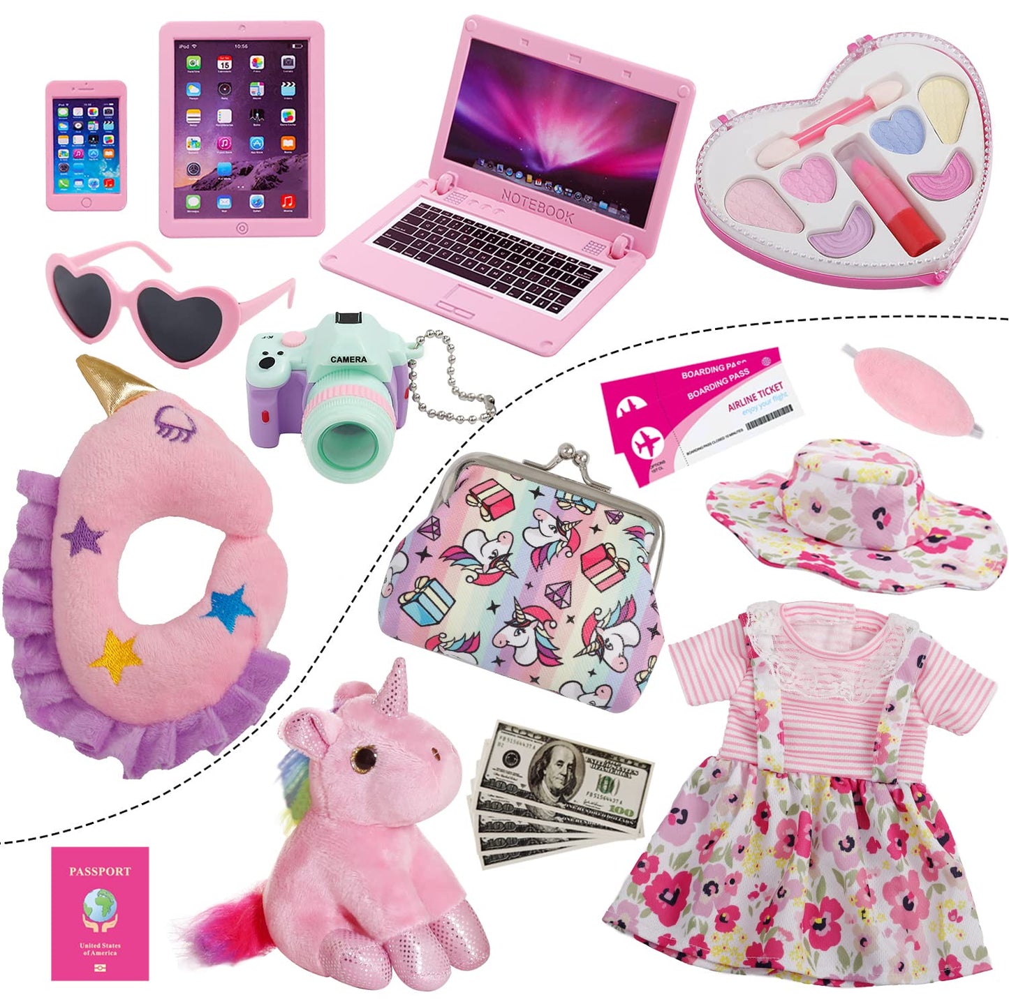 Windolls 18 Inch Doll Suitcase Travel Luggage Play Accessories - 18' Doll Clothes Accessories Travel Carrier Storage Set, Include Case, Doll Clothes, Hat, Sunglasses, Camera, Pillow, Toy Pet, Etc