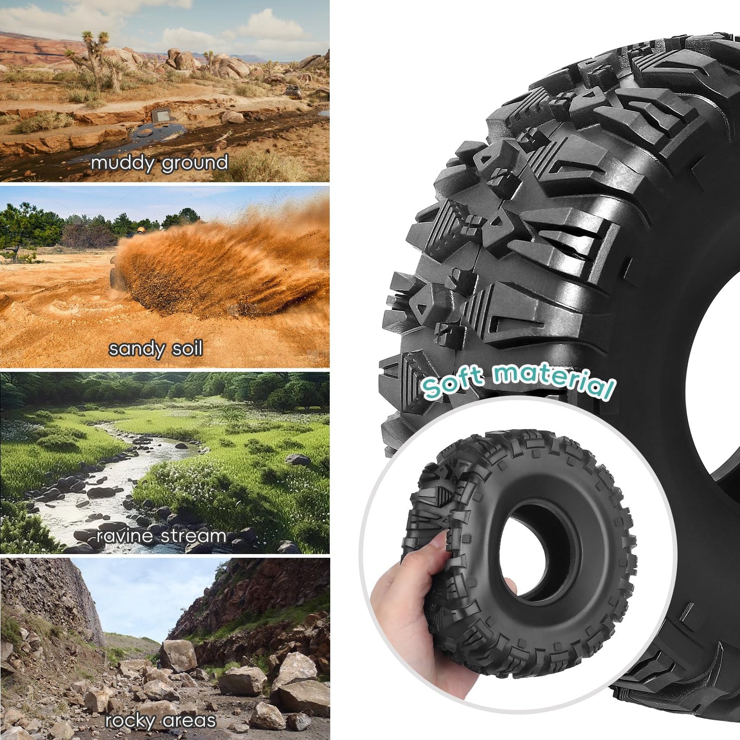 AllinRC 2.2 Crawler Tires 4Pcs fit 2.2 Beadlock Wheels RC Rubber Tyre Set with Foam Insert for 1/10 RC Rock Crawler Axial SCX10