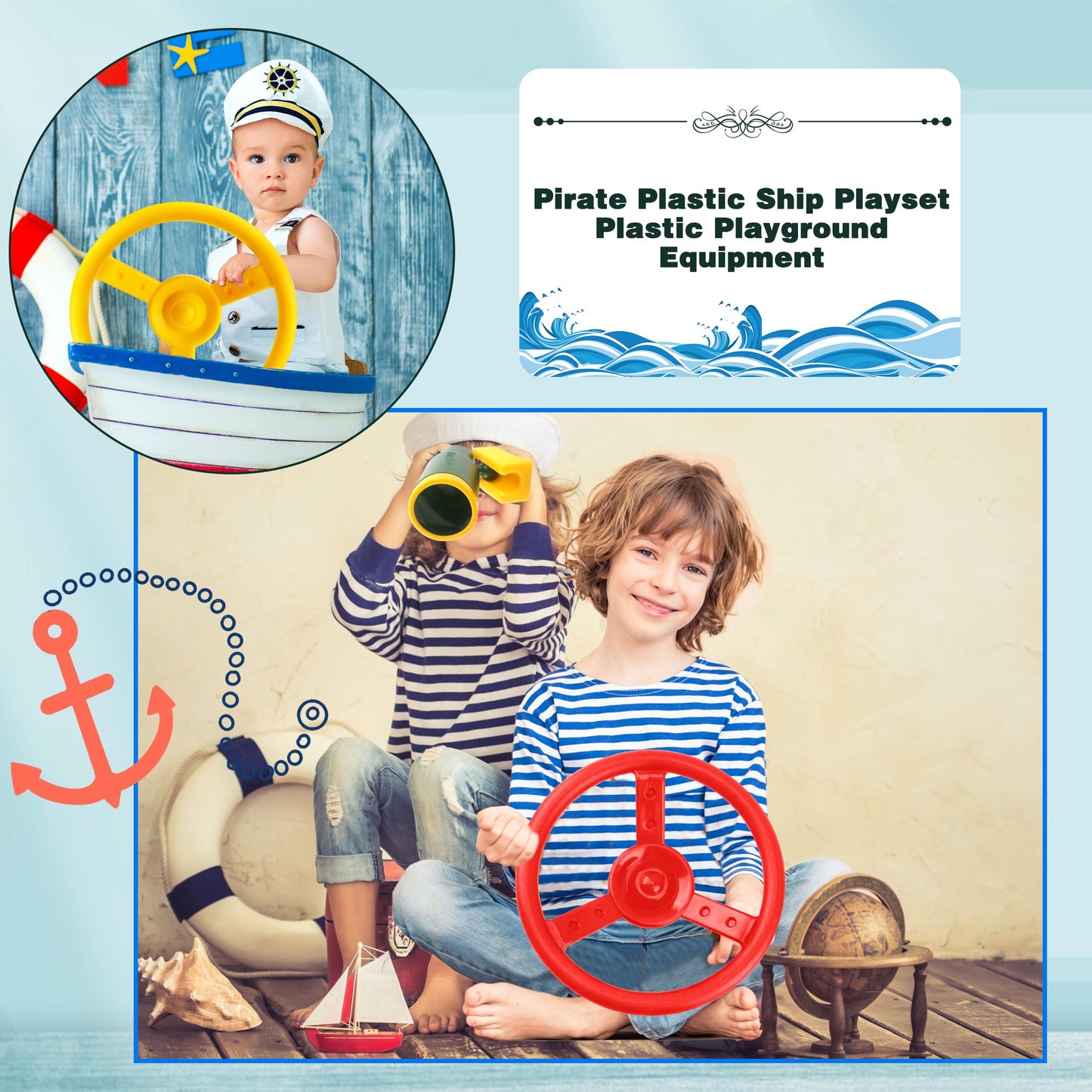 Haconba 2 Pack Steering Wheel Playset Plastic Pirate Ships Wheel With Mounting Tools For Kids Playground Outdoor Gym (Yellow, Re
