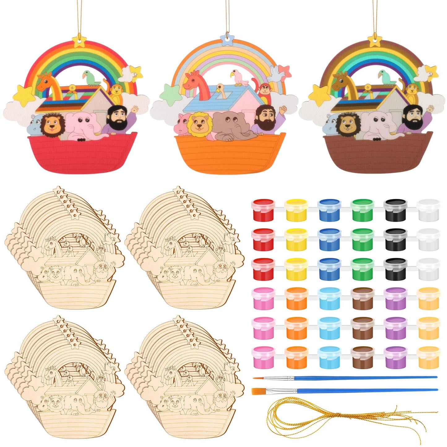 RoundFunny 24 Set Wooden Noahs Ark Craft Toys Unfinished Wooden Noahs Ark Ornaments Color Your Own Animal DIY Craft Project De