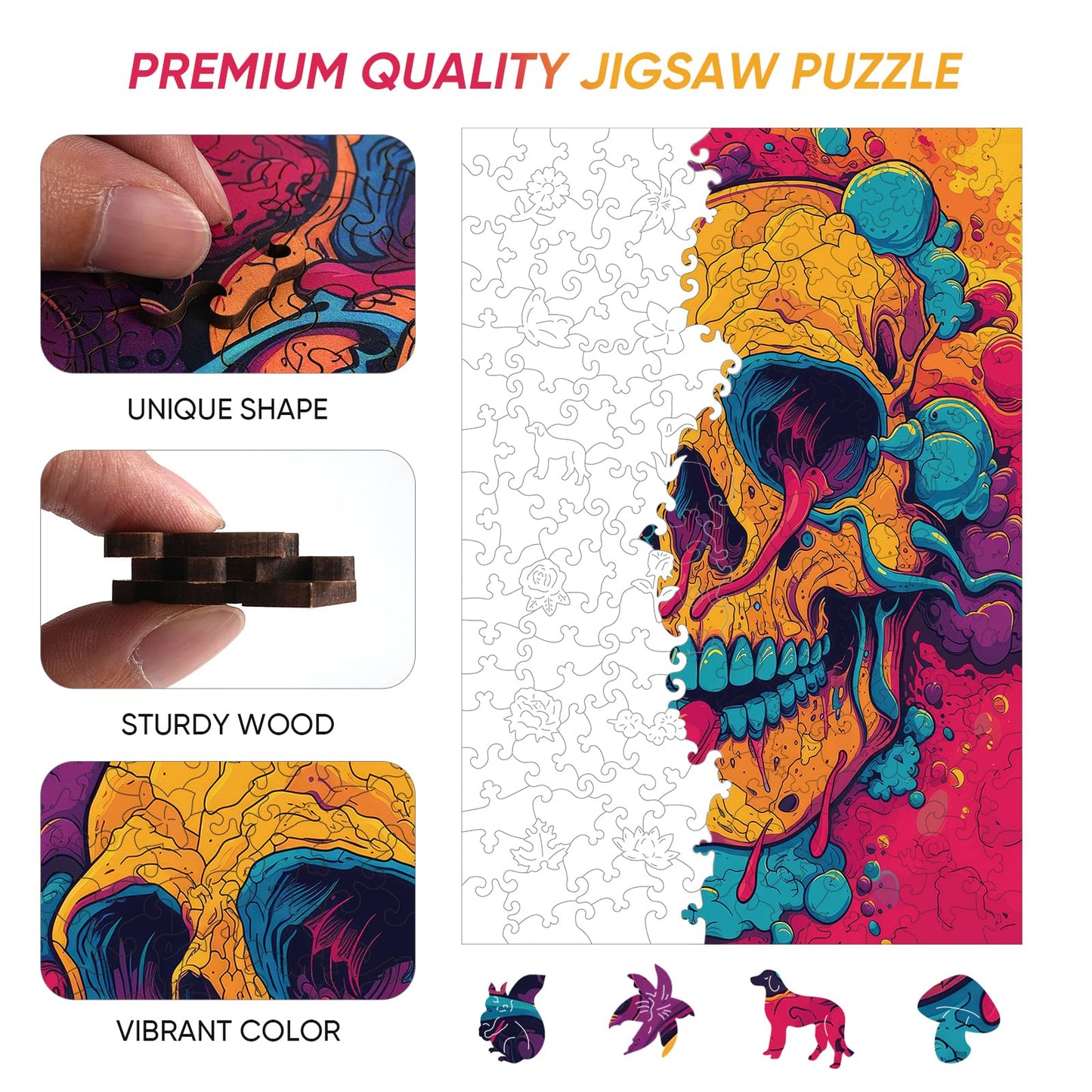 Wooden Jigsaw Puzzles-Skull Head,200Pcs,12.4X11.4In,Medium,Wooden Puzzles For Adults,Unique Shape Animal Adult Puzzles,Irregular