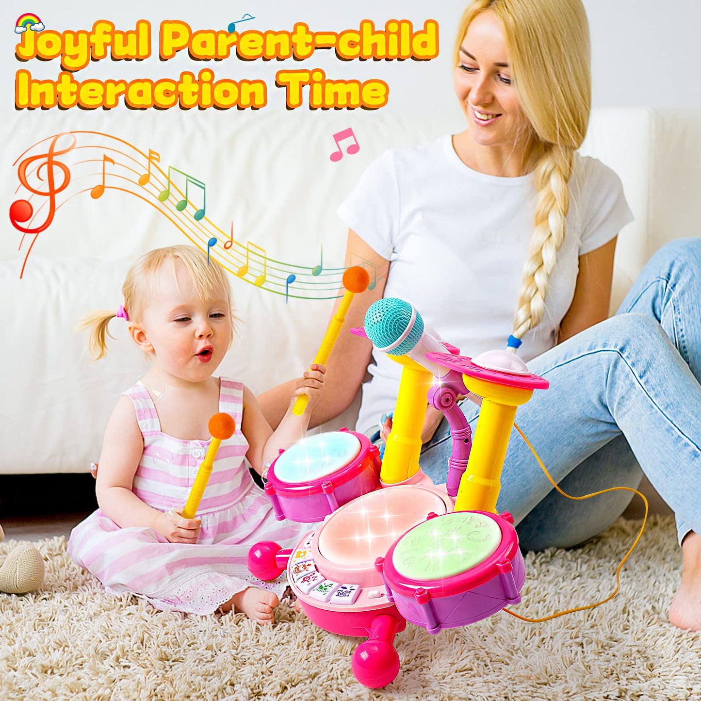 Kids Drum Set For Toddlers 1-3 Musical Baby Girl Toys For 1 Year Old Girl Gifts Educational Microphone Instruments Toys 12-18 Months Toddler Girl Toys Age 1-2 Birthday Gifts Presents For 6 9 12 Months