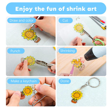 Auihiay 198 Pieces Shrink Plastic Kit Includes 20 Sheets Shrink Papers, Hole Punch, Keychain Accessories and Pencils for Shrinky