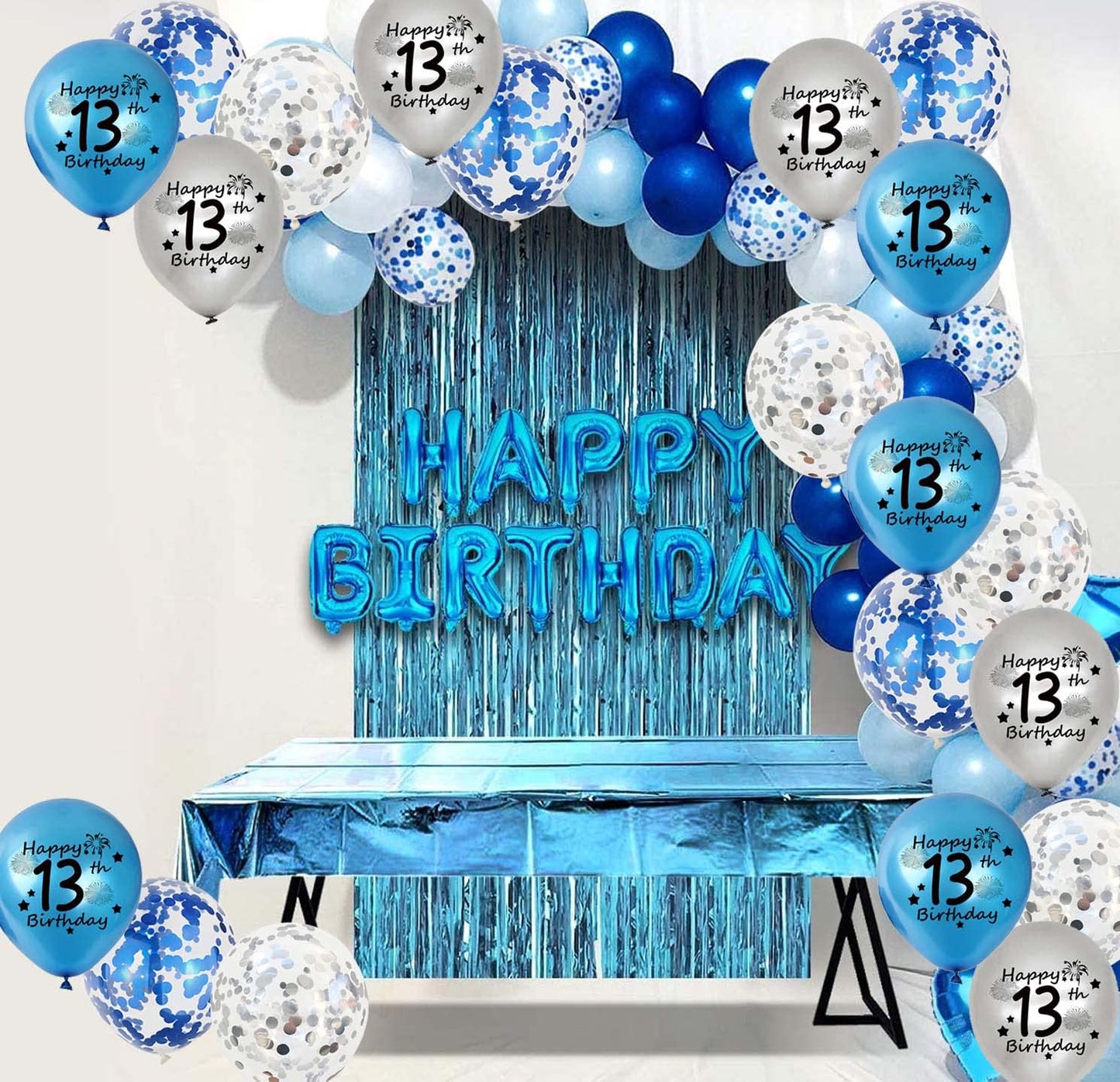 13Th Birthday Balloon, Pack Of 20 Blue Silver Happy 13Th Birthday Latex Confetti Balloon Ribbons For 13Th Teenager Boys Birthday