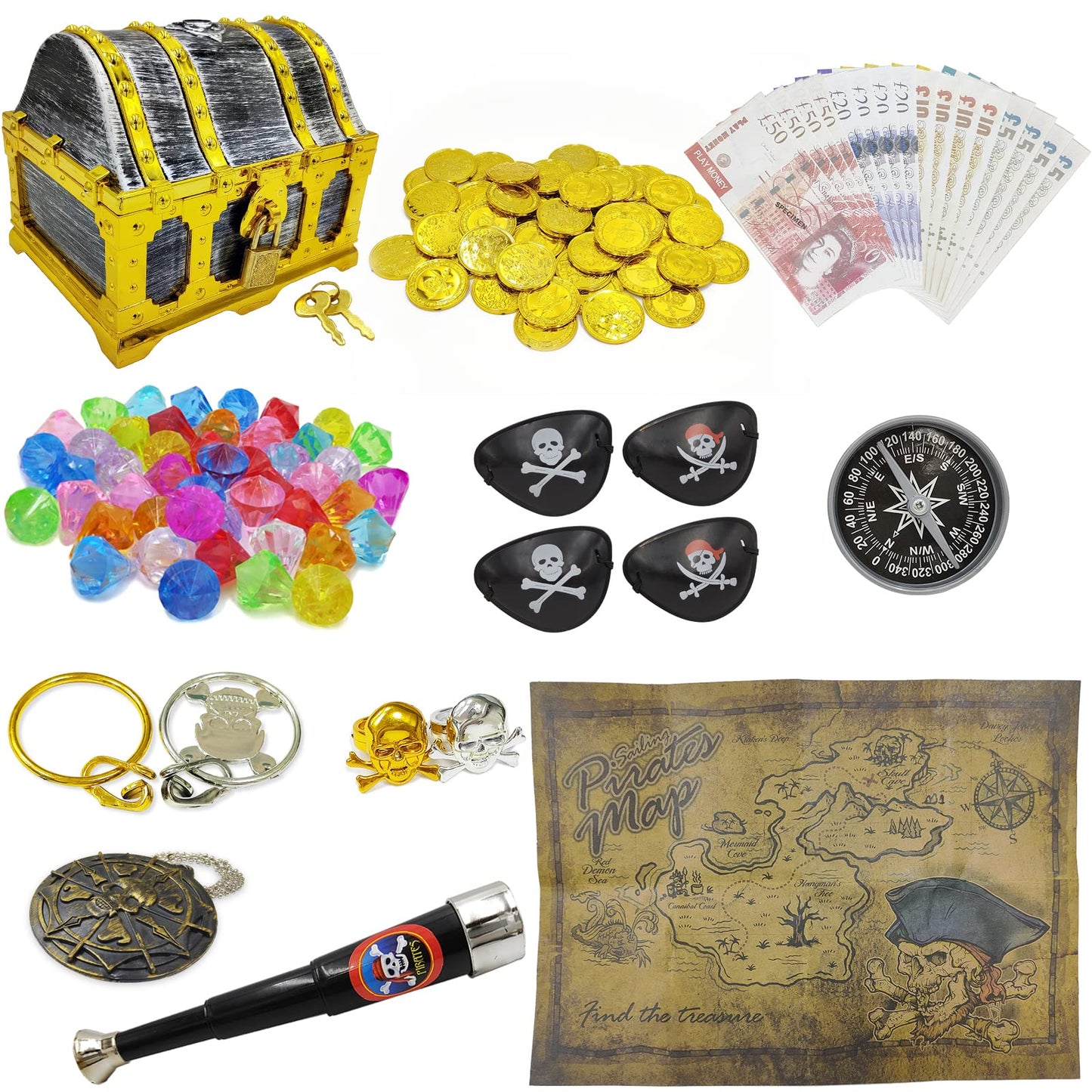 128 Pieces Kids Golden Frame Pirate Treasure Chest Toy Set Vintage Pirate Pretend Toys Include Pirate Chest, Pirate Coins, Jewel