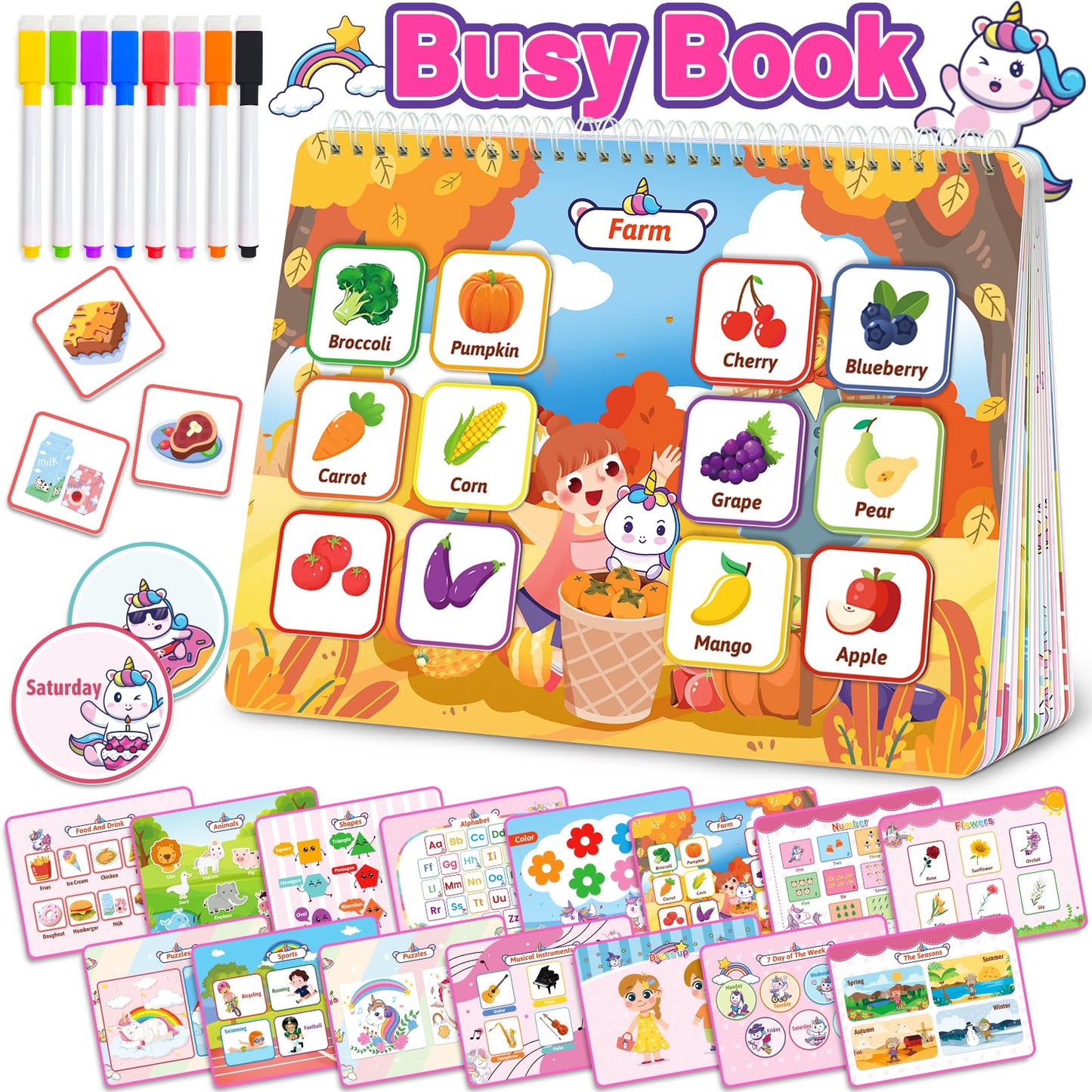 Unicorn Busy Book For Toddlers 3-5, Preschool Toddler Learning Activities Book, Educational Montessori Toys For 3 4 5 Year Old G