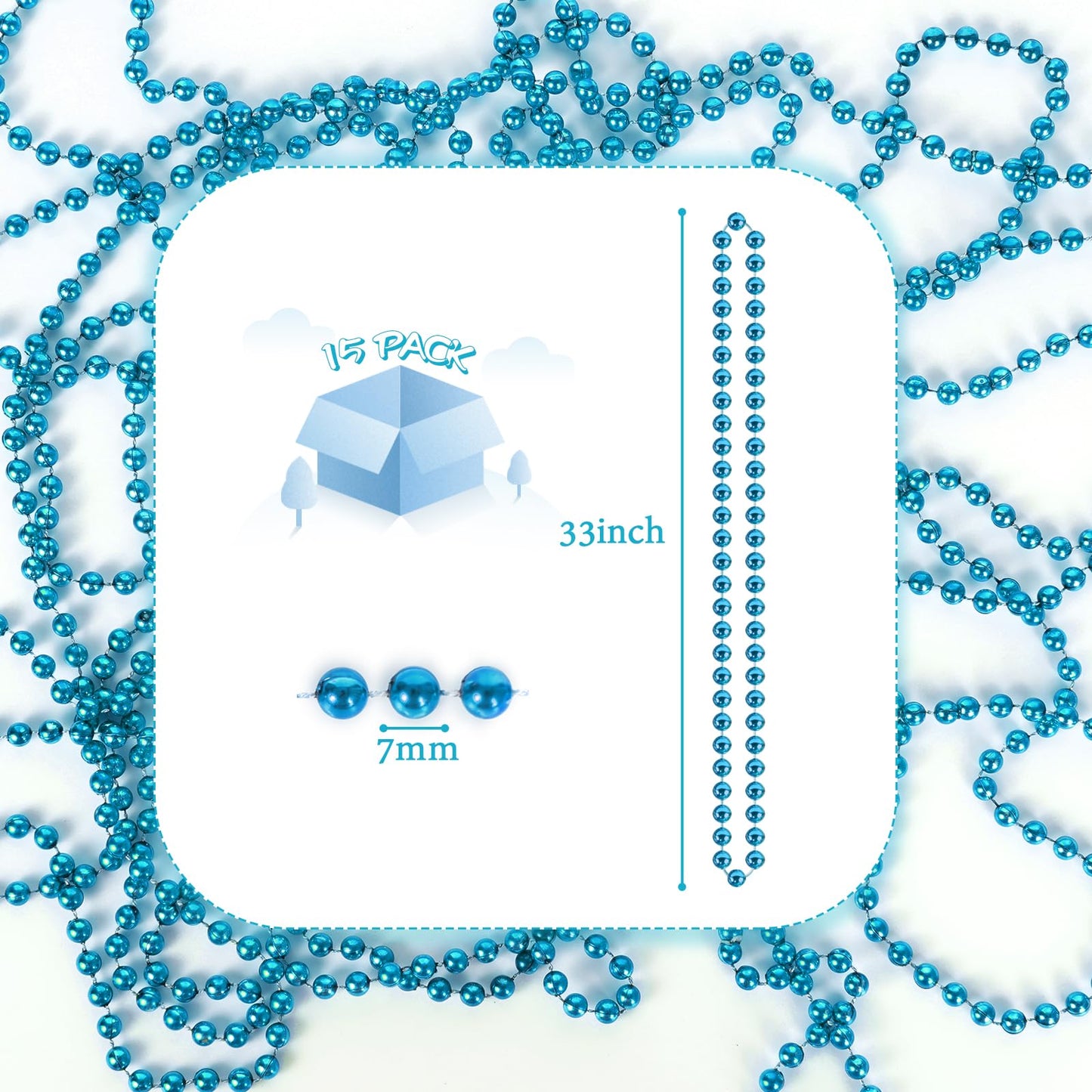YAXINRUI 33 Inch 7 mm Metallic Teal Bead Necklaces, 15pcs Mardi Gras Beads Bulk Round Beaded Necklaces Costume Necklace for Mard