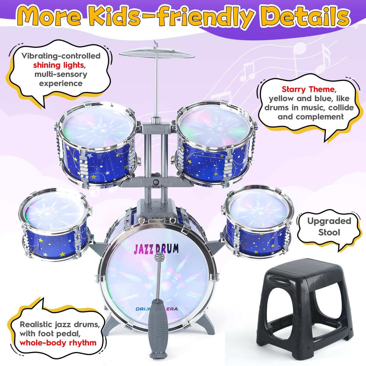 Upgraded Kids Drum Set For Toddlers 1-3, Kids Jazz Drum Ages 3-5, Star Light Up Musical Instrument Toys For Boys Girls 2-5 4-6 5