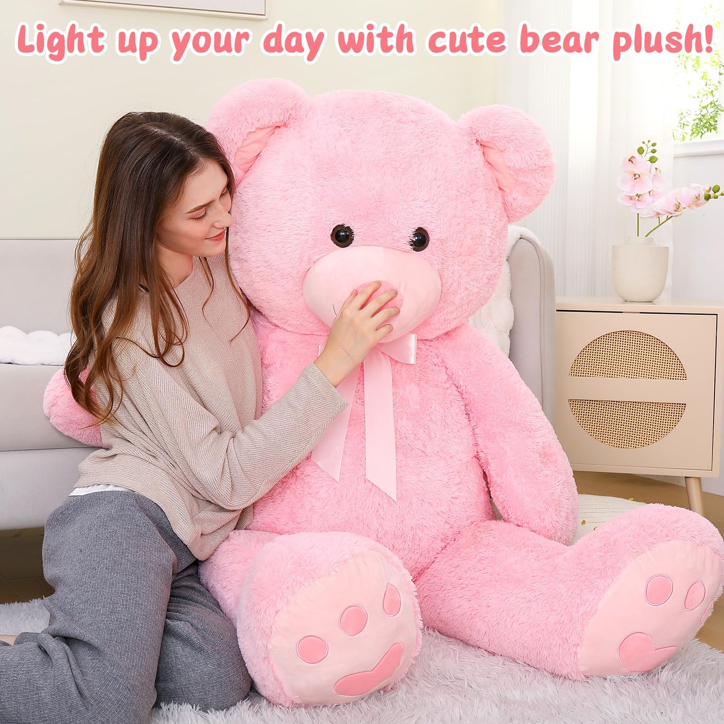 Morismos 5Ft Giant Teddy Bear Stuffed Animal, Large Stuffed Bear With Footprints, Big Pink Teddy Bear Plush Gifts For Wife, Girlfriend, Women On Valentine, Christmas, Birthday