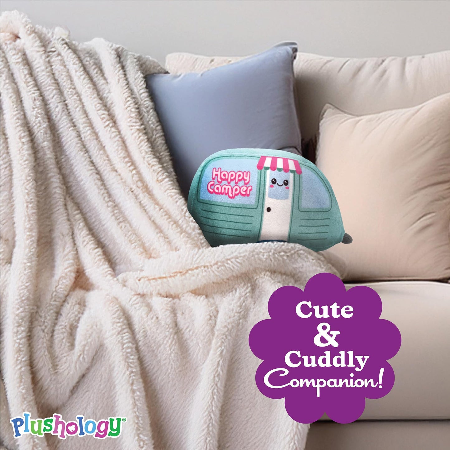 PLUSHOLOGY Squishy Happy Camper Stuffed Animal; Ultra Soft and Cuddly Plush Toy for Kids 3 Years Old to mature-themeds; Child-Safe Embroidered Eyes adds a Unique Aesthetic; (6 Tall)