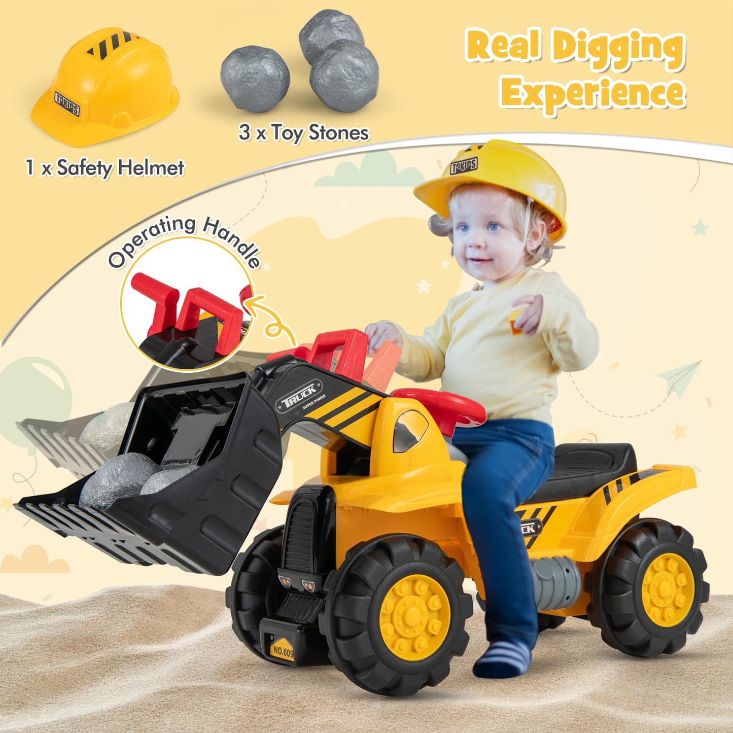 Honey Joy Ride On Excavator, No Power Ride On Construction Vehicles For Kids, Helmet, 3 Toy Rocks, Adjustable Bucket, Horn, Ride On Loader, Bulldozer Ride On Toy, Gift For Boys Girls