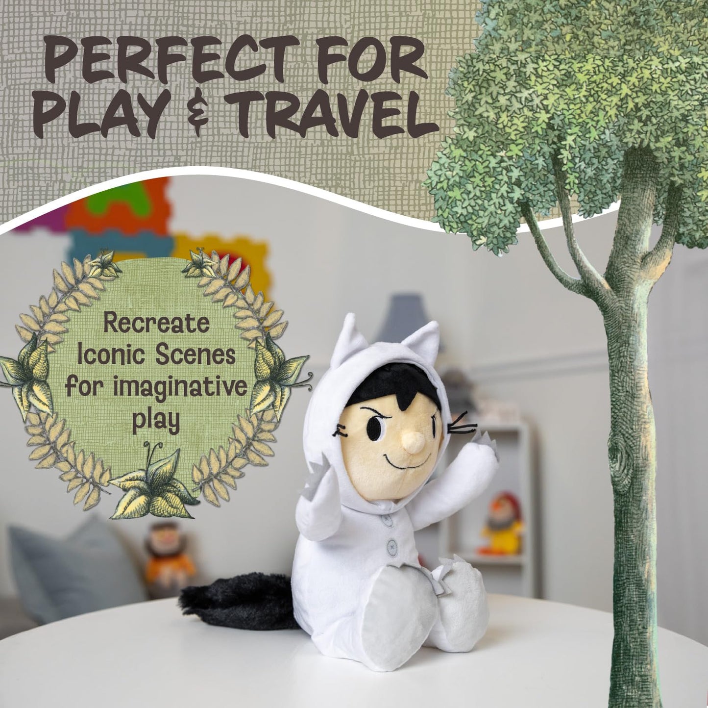 KIDS PREFERRED Max Stuffed Animal - 14" Plush Where The Wild Things Are, White, Crinkle Feet, Bean Filled Bottom, Model 73400