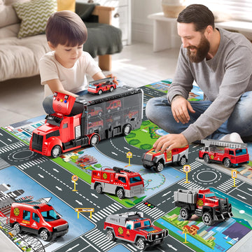 NIPLOOOW Fire Trucks Toy Set with Play Mat, Carrier Truck Play Vehicles Set for 3 4 5 6 Years Old Boys Kids, Die-Cast Car Toy fo