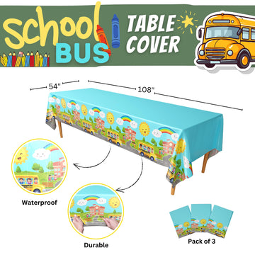 Blue Orchards School Bus Tablecovers (Pack of 3) - School Bus Party Supplies, Back to School Decorations, School Bus Wheels Tabl