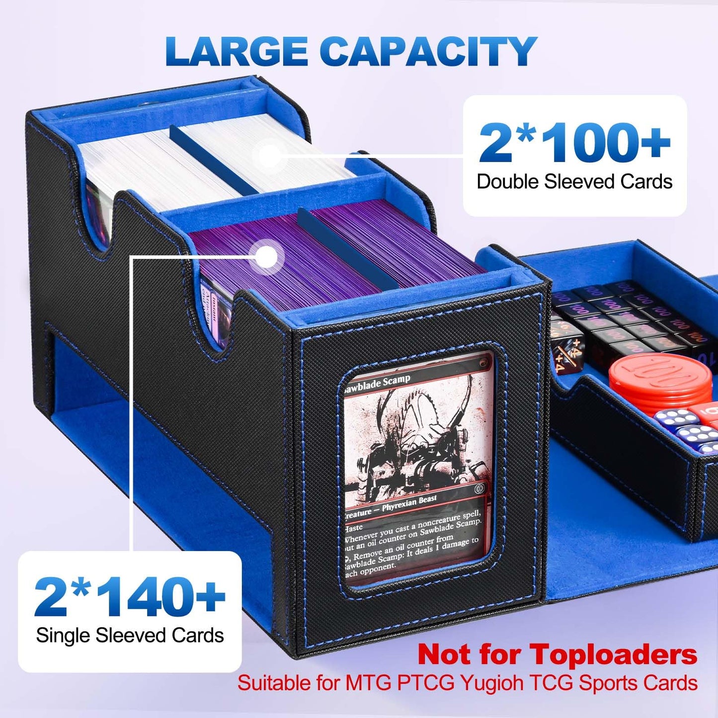 Uaono Card Deck Box For Mtg, Double Card Storage Box With 2 Commander Display & 1 Dice Tray, Fits 200+ Double Sleeved Cards, Card Organizer For Ccg Tcg Sports Cards (Black Blue)