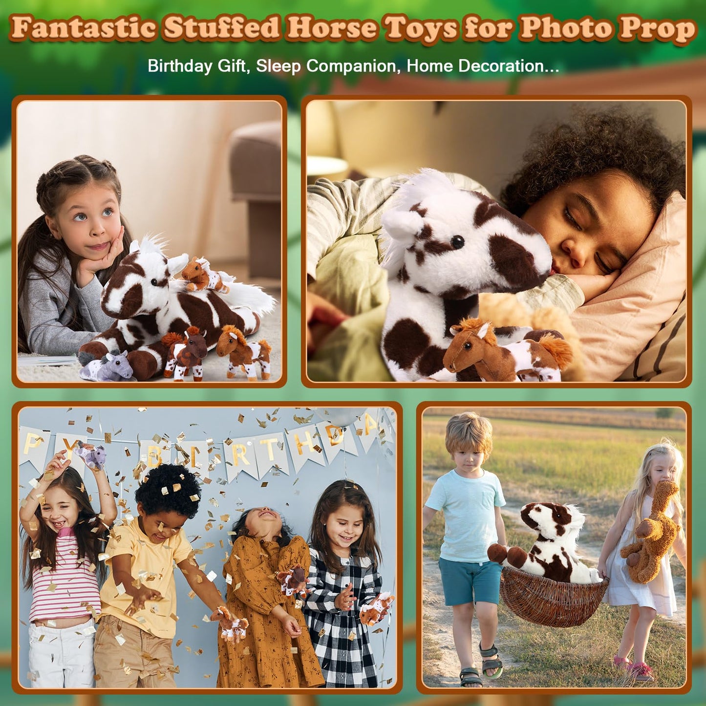 Lenwen 5 Pcs Horse Stuffed Animals Large Mommy Horse Plush With 4 Cute Babies In Zippered Belly Nurturing Plushie Toy Set For Birthday Gift Derby Party Favors(Lively)