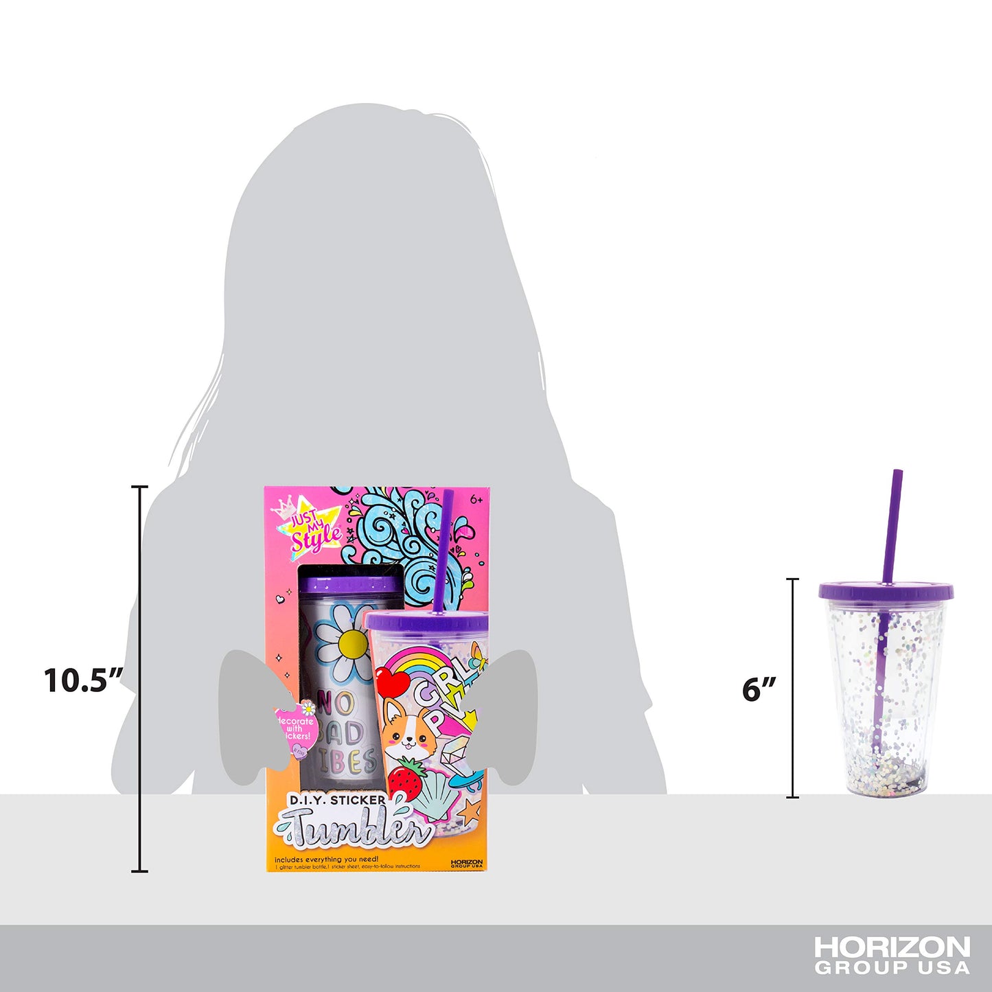 Just My Style DIY Sticker Tumbler, Style & Embellish Your Own BPA Free VSCO Glitter Water Tumbler, Reusable Stickers Included, G