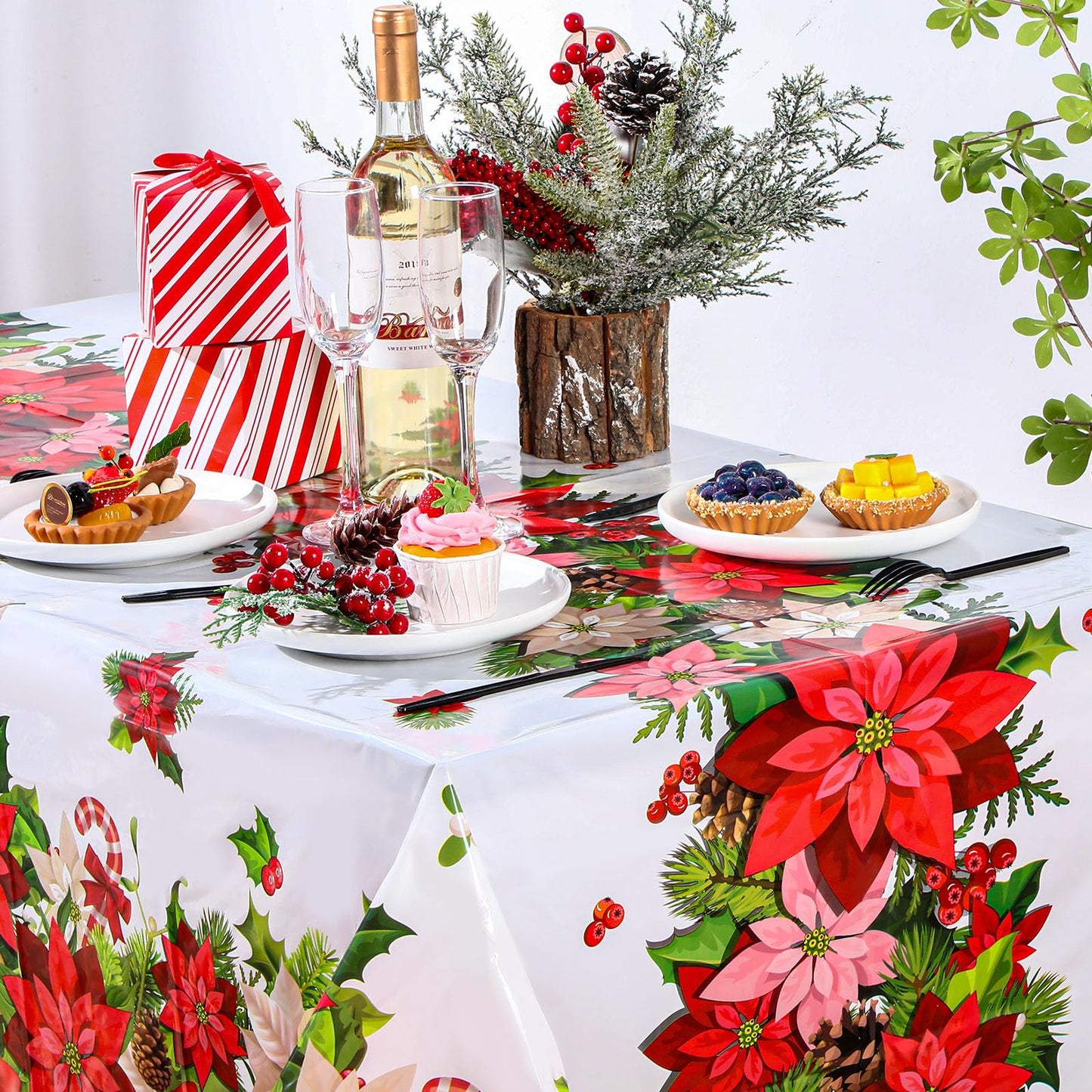 Newwiee 3 Pcs Christmas Poinsettia Tablecloths Red White Flower Plastic Table Covers 54 x 108 Inch Disposable Rectangle Xmas Tab